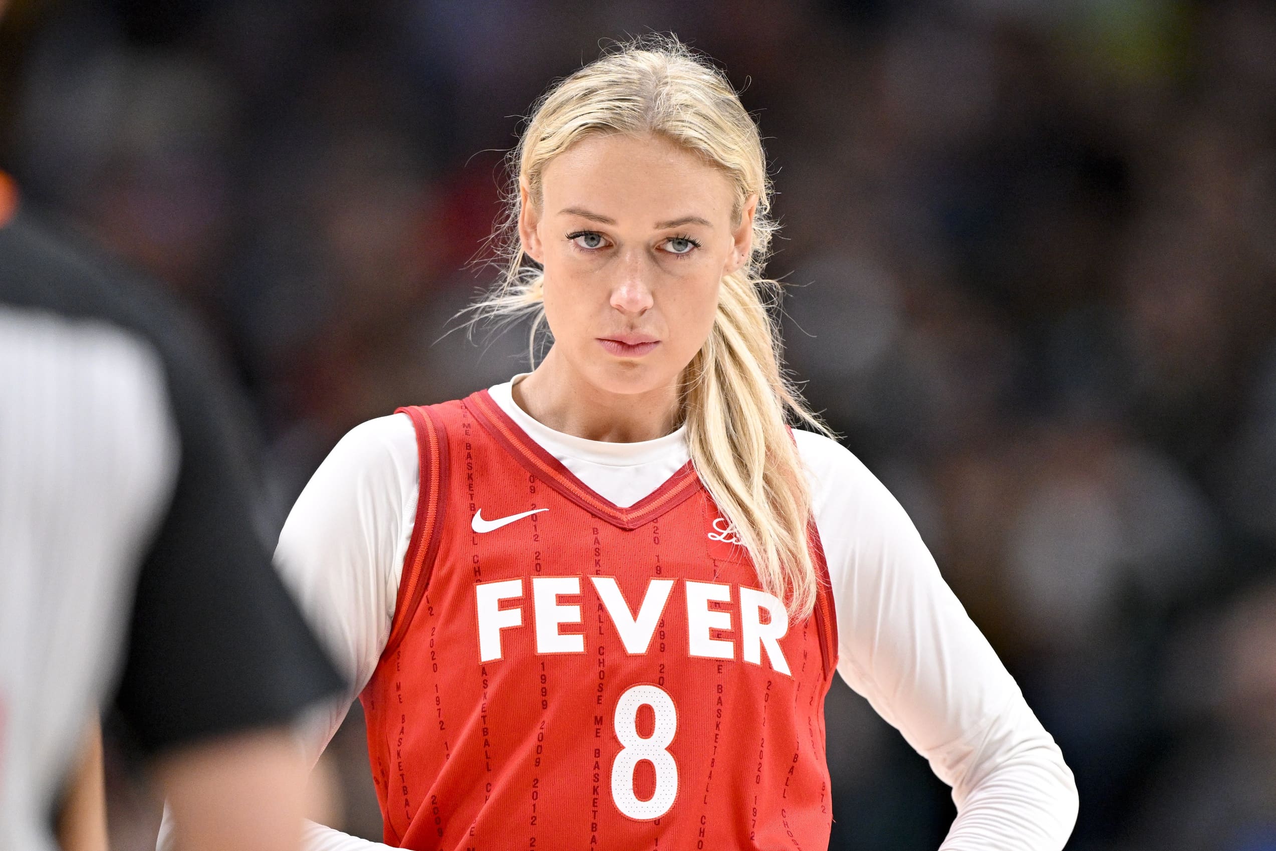 Jun 27, 2025; Dallas, Texas, USA; Indiana Fever guard Sophie Cunningham (8) during the game between the Dallas Wings and the Indiana Fever at the American Airlines Center. Mandatory Credit: Jerome Miron-Imagn Images
