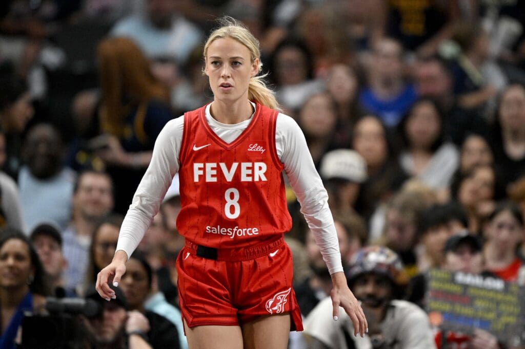 Jun 27, 2025; Dallas, Texas, USA; Indiana Fever guard Sophie Cunningham (8) during the game between the Dallas Wings and the Indiana Fever at the American Airlines Center. Mandatory Credit: Jerome Miron-Imagn Images