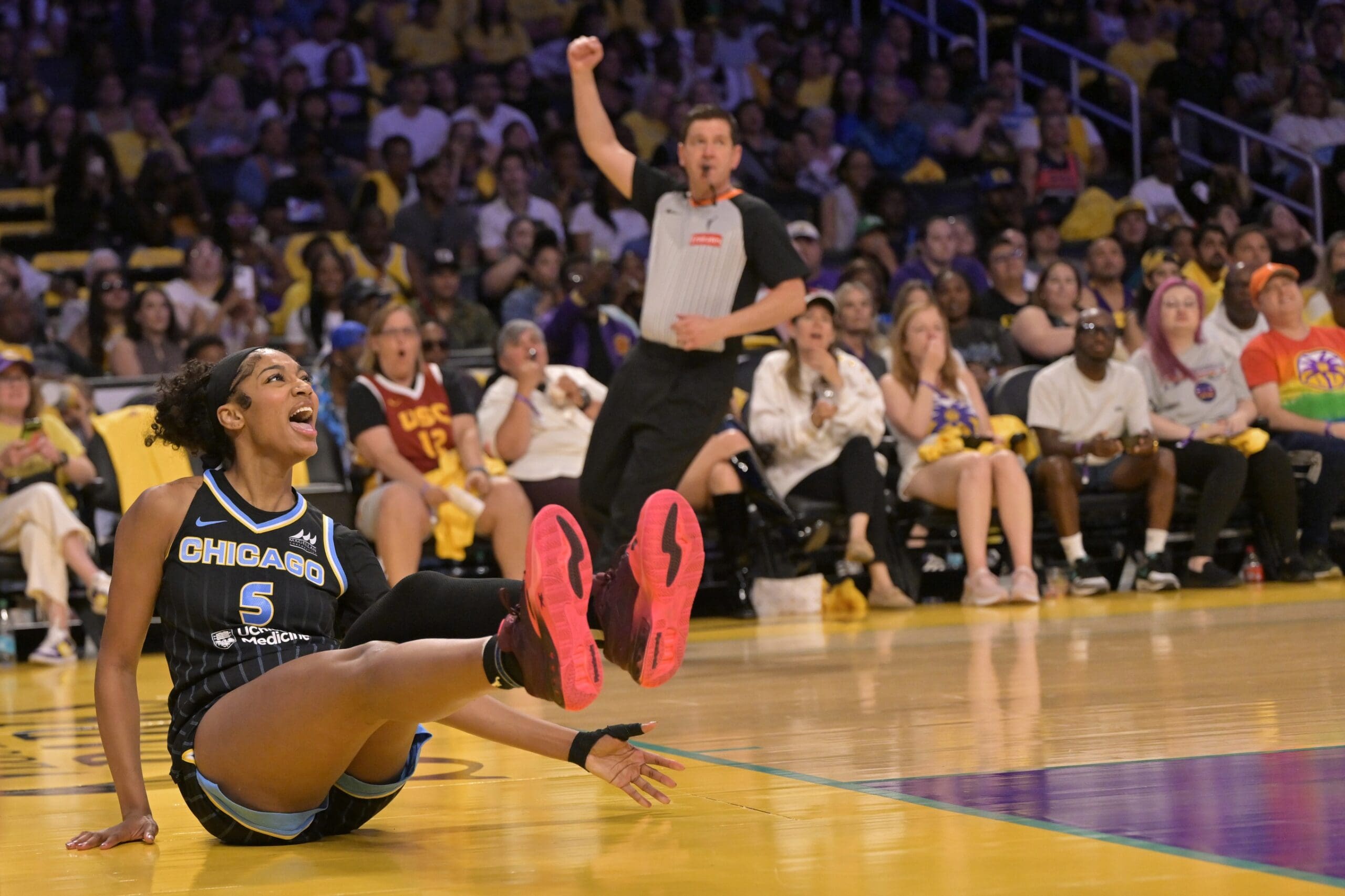 Jun 29, 2025; Los Angeles, California, USA; Chicago Sky forward Angel Reese (5) reacts after she was fouled driving for a a basket in the second half against the Chicago Sky at Crypto.com Arena. Mandatory Credit: Jayne Kamin-Oncea-Imagn Images