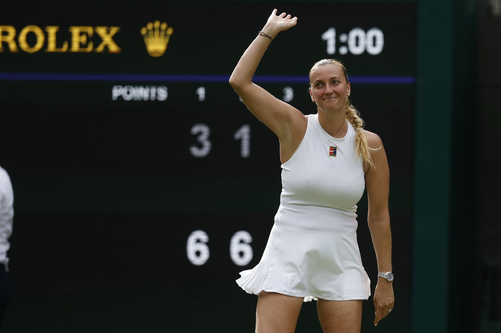 Jul 1, 2025; Wimbledon United Kingdom; Petra Kvitova (CZE) waves to the crowd after her final Wimbledon singles match, against Emma Navarro (USA)(not pictured), on day 2 of The Championships, Wimbledon 2025 at All England Lawn Tennis and Croquet Club. Mandatory Credit: Geoff Burke-Imagn Images