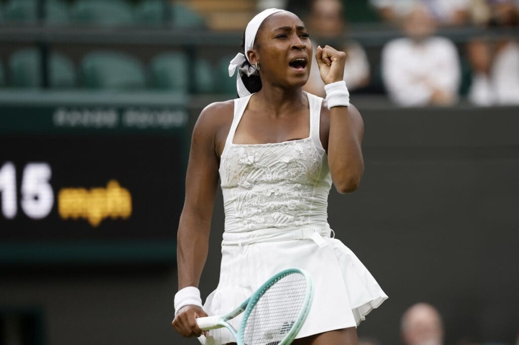 Jul 1, 2025; Wimbledon United Kingdom; Coco Gauff (USA) reacts after winning a point against Dayana Yastremska (UKR)(not pictured) on day 2 of The Championships, Wimbledon 2025 at All England Lawn Tennis and Croquet Club. Mandatory Credit: Geoff Burke-Imagn Images
