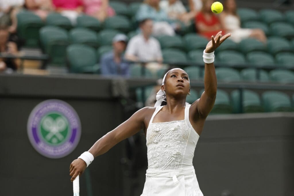 Jul 1, 2025; Wimbledon United Kingdom; Coco Gauff (USA) serves against Dayana Yastremska (UKR)(not pictured) on day 2 of The Championships, Wimbledon 2025 at All England Lawn Tennis and Croquet Club. Mandatory Credit: Geoff Burke-Imagn Images