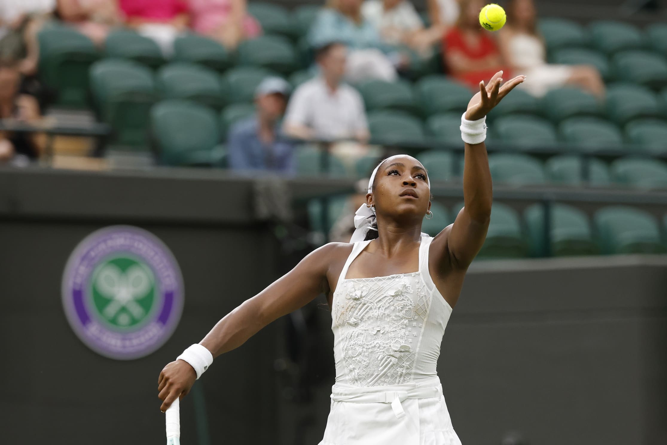 Jul 1, 2025; Wimbledon United Kingdom; Coco Gauff (USA) serves against Dayana Yastremska (UKR)(not pictured) on day 2 of The Championships, Wimbledon 2025 at All England Lawn Tennis and Croquet Club. Mandatory Credit: Geoff Burke-Imagn Images