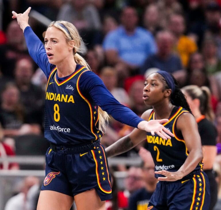 Indiana Fever guard Sophie Cunningham (8) and Indiana Fever guard Aari McDonald (2) react to a call Thursday, July 3, 2025, during a game between the Indiana Fever and the Las Vegas Aces at Gainbridge Fieldhouse in Indianapolis.