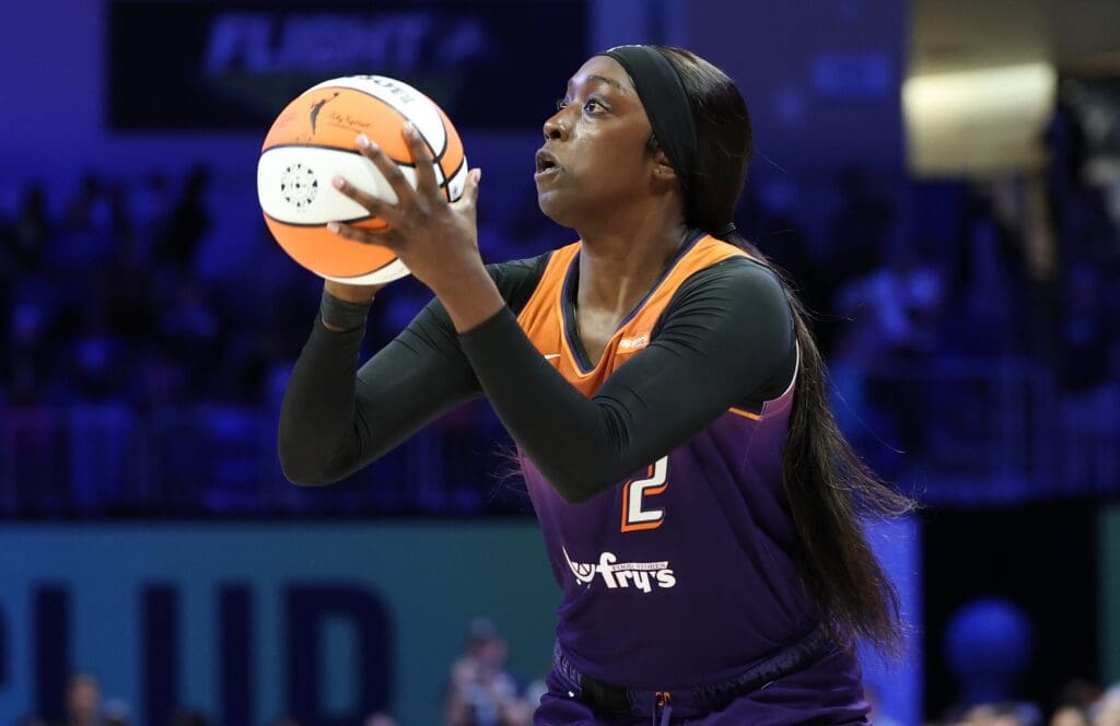 Jul 3, 2025; Arlington, Texas, USA; Phoenix Mercury guard Kahleah Copper (2) shoots against the Dallas Wings during the second half at College Park Center. Mandatory Credit: Kevin Jairaj-Imagn Images