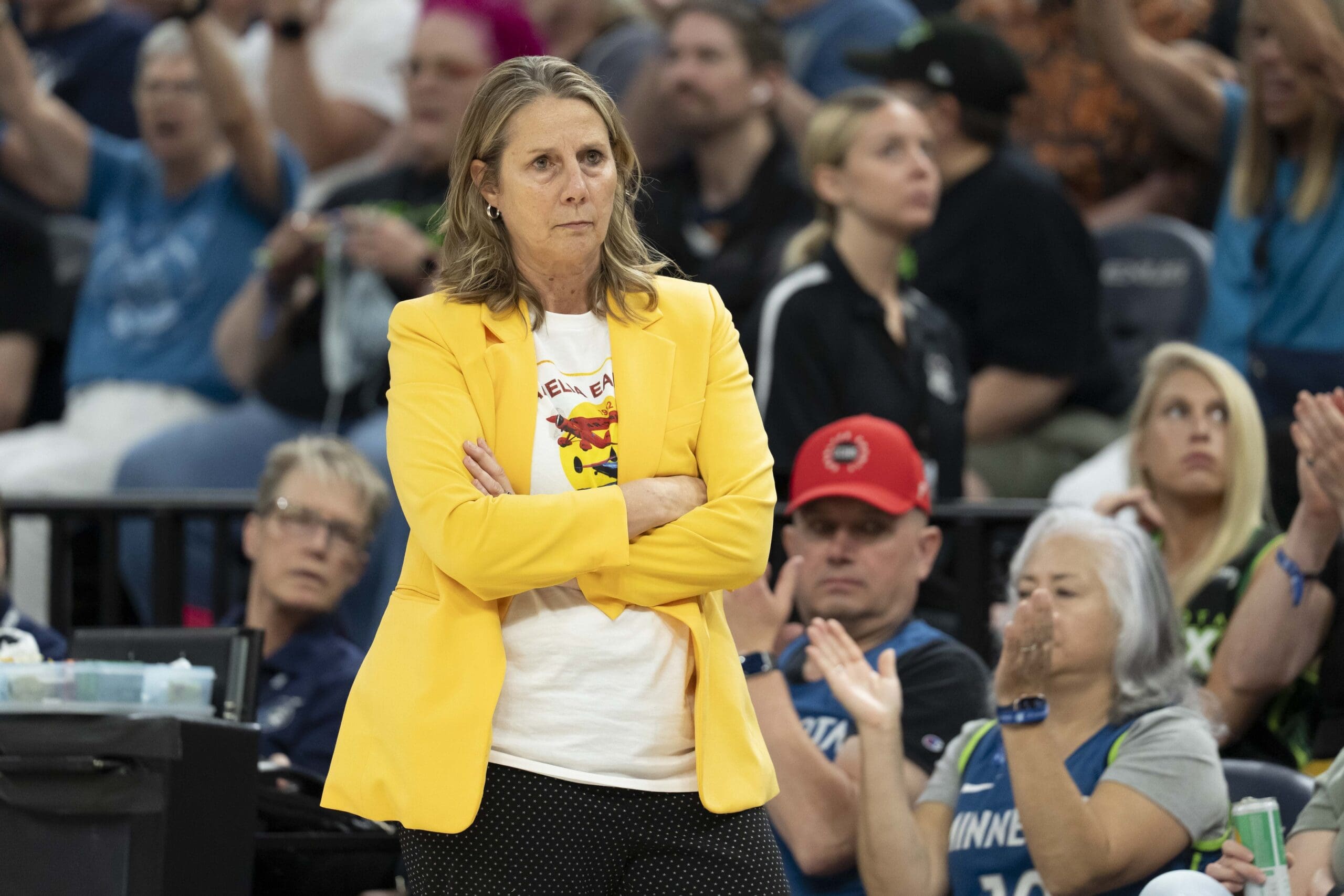 Jul 3, 2025; Minneapolis, Minnesota, USA; Minnesota Lynx head coach Cheryl Reeve looks on against the Washington Mystics in the second half at Target Center. Mandatory Credit: Jesse Johnson-Imagn Images