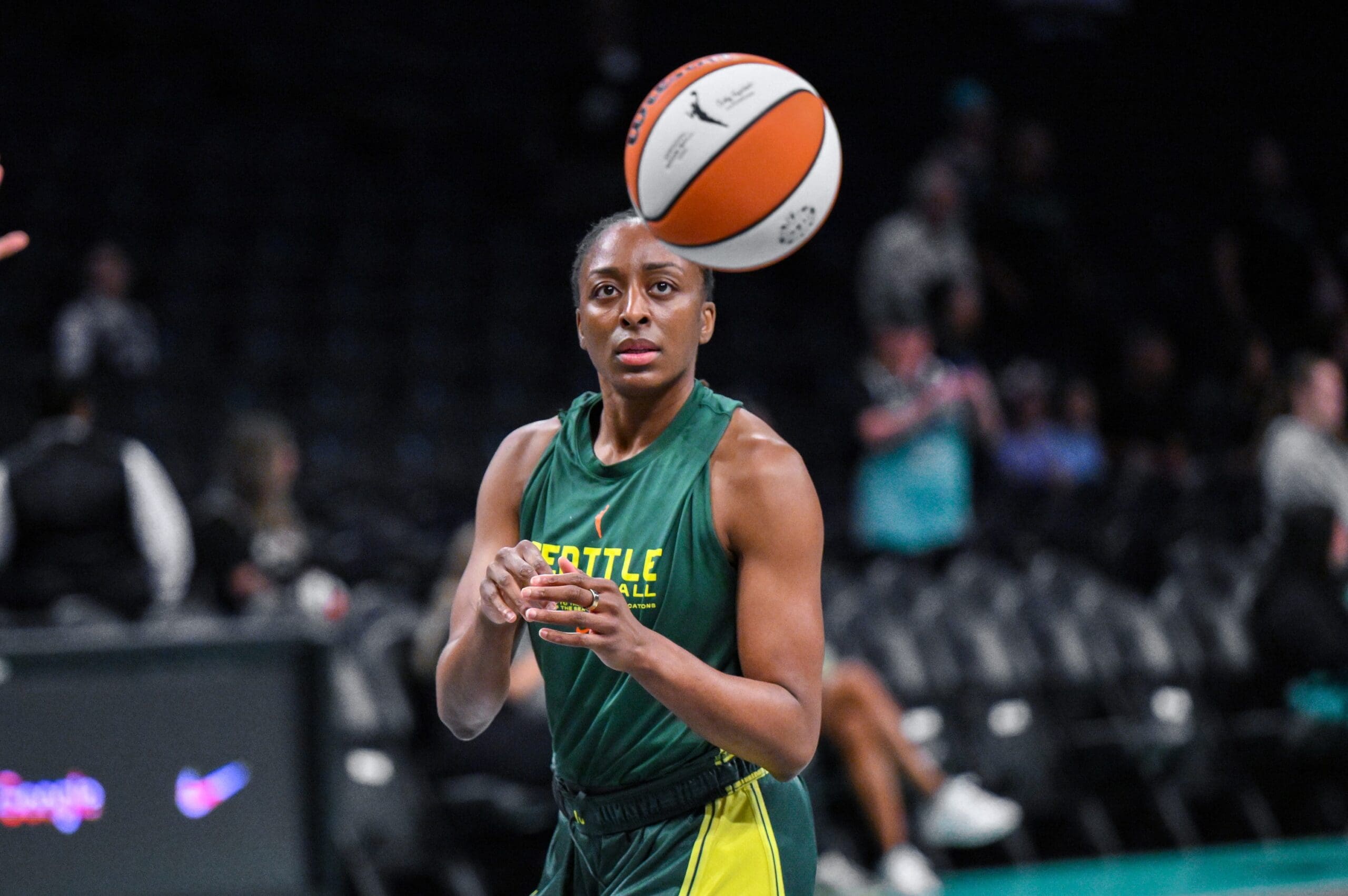 Jul 6, 2025; Brooklyn, New York, USA; Seattle Storm forward Nneka Ogwumike (3) warms up before a game against the New York Liberty at Barclays Center. Mandatory Credit: John Jones-Imagn Images