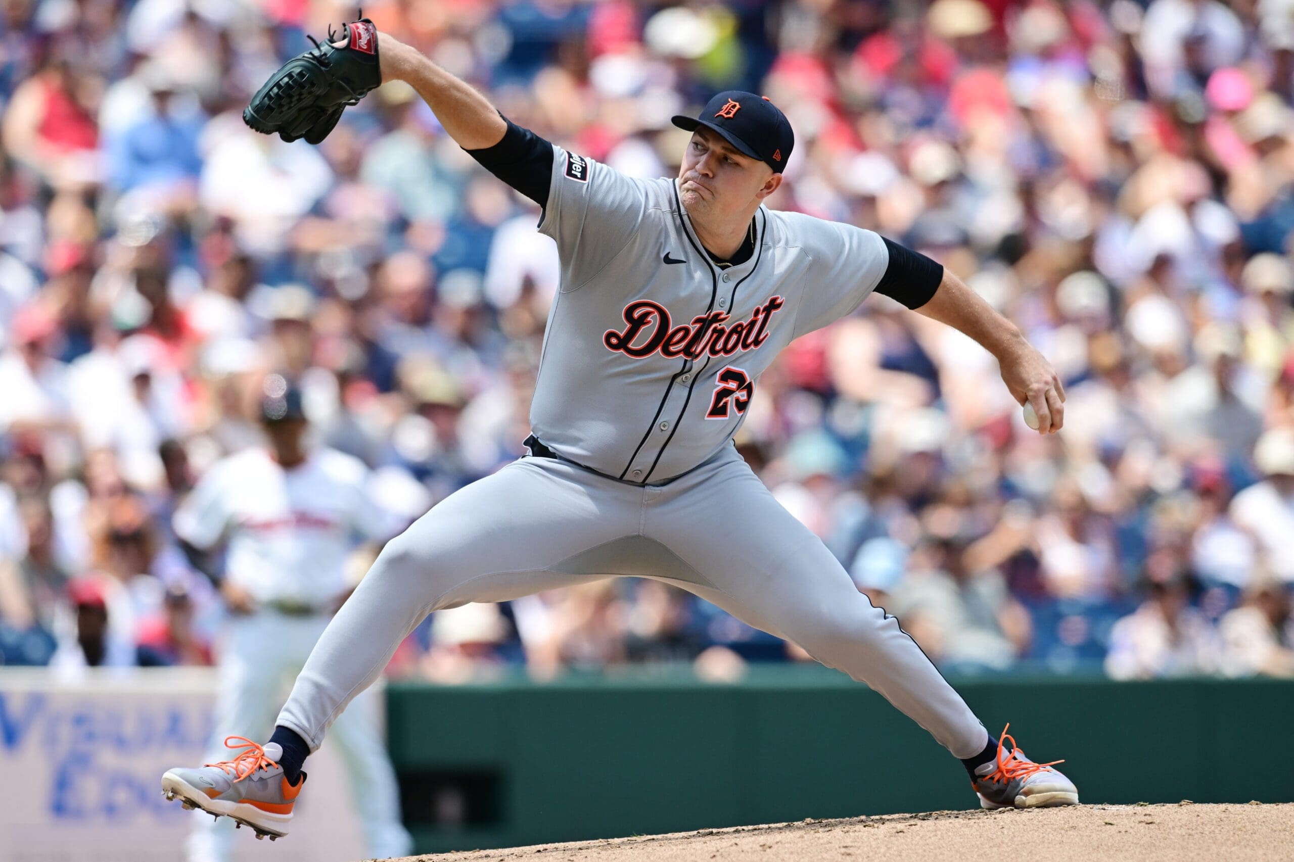 Jul 6, 2025; Cleveland, Ohio, USA; Detroit Tigers starting pitcher Tarik Skubal (29) throws a pitch during the first inning against the Cleveland Guardians at Progressive Field. Mandatory Credit: Ken Blaze-Imagn Images