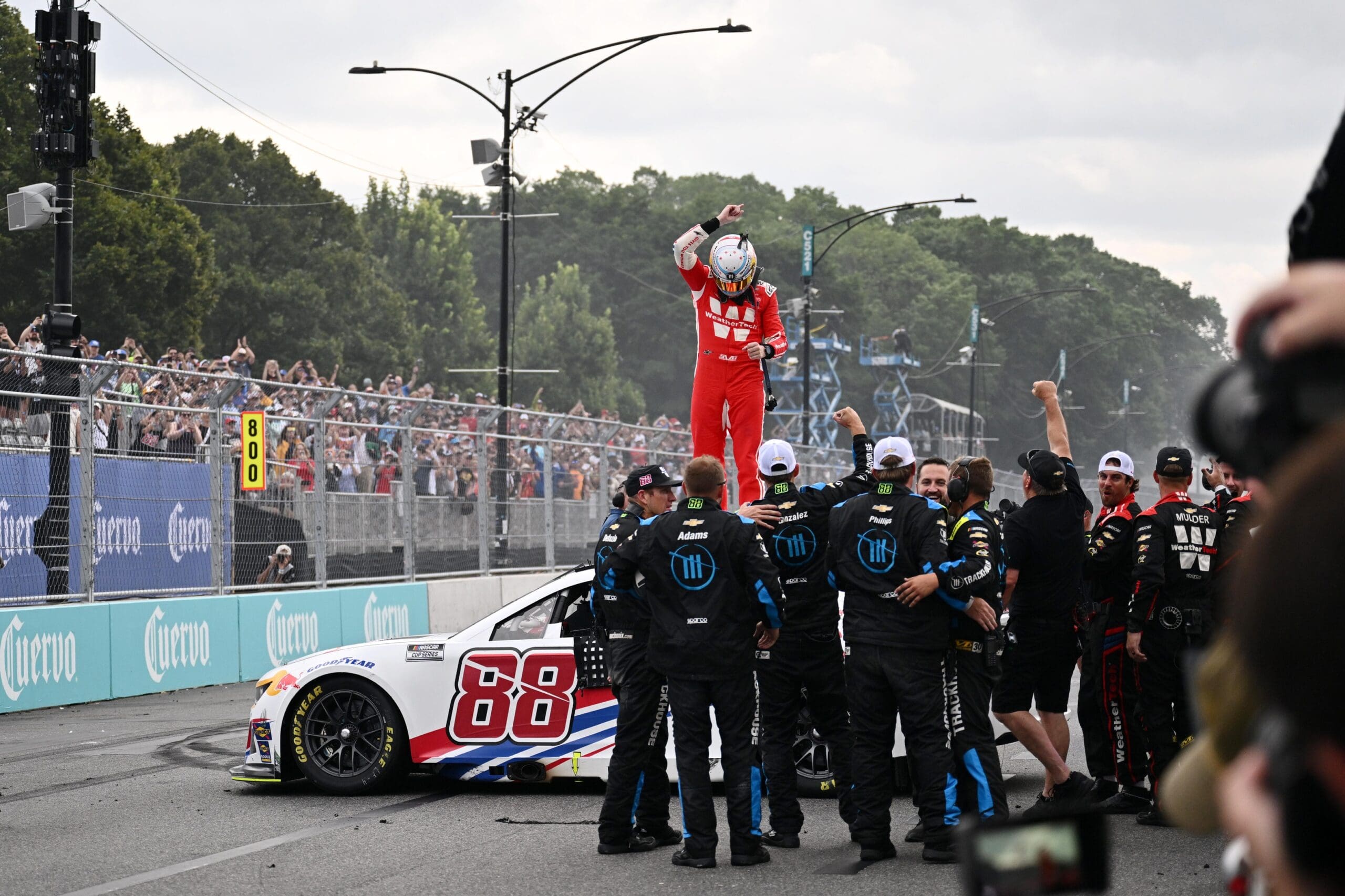 Jul 6, 2025; Chicago, Illinois, USA; NASCAR Cup Series driver Shane van Gisbergen (88) after winning the Grant Park 165 at Chicago Street Race. Mandatory Credit: Daniel Bartel-Imagn Images