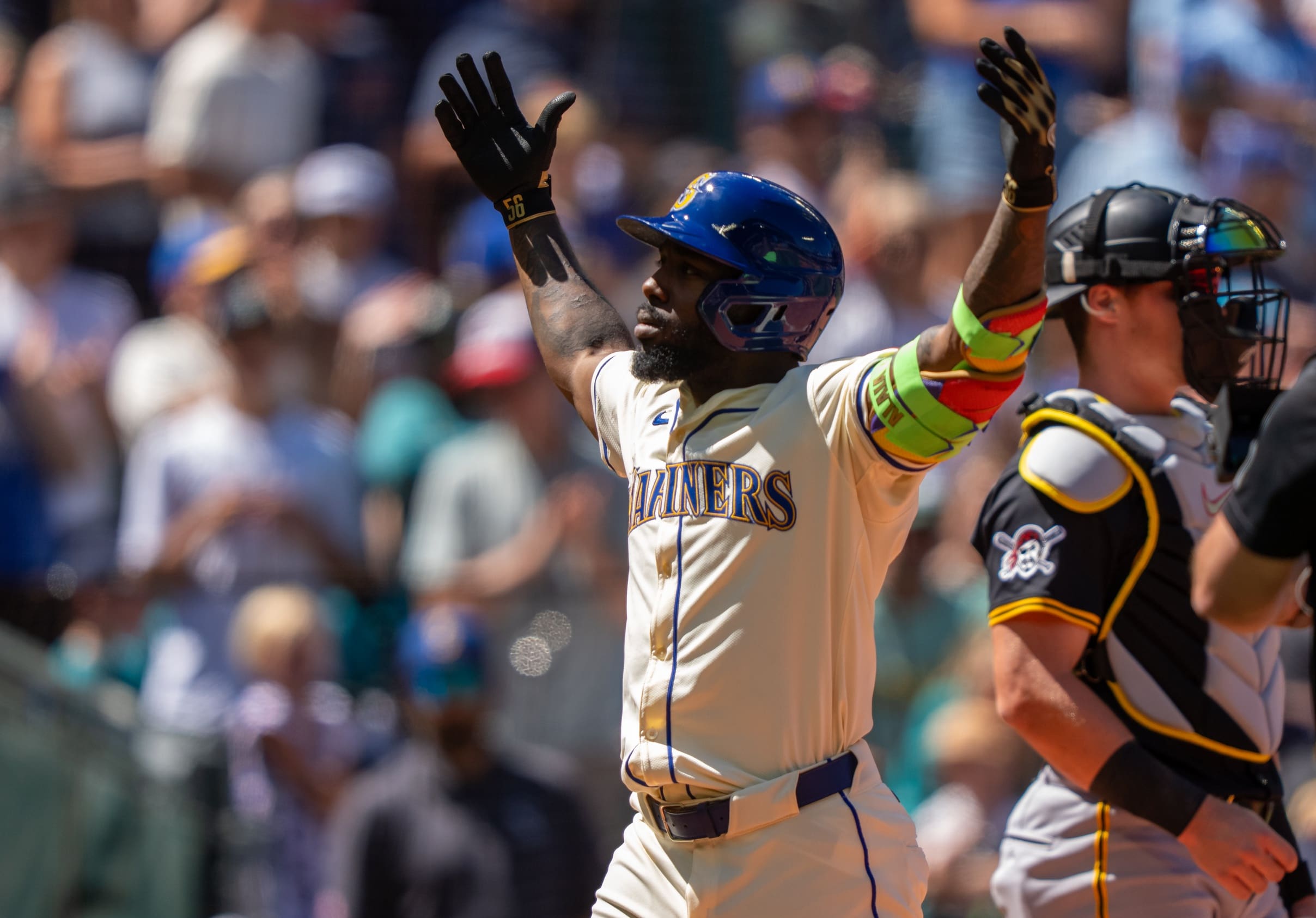 Jul 6, 2025; Seattle, Washington, USA; Seattle Mariners left fielder Randy Arozarena (56) celebrates after hitting solo home run during the sixth inning against the Pittsburgh Pirates at T-Mobile Park. Mandatory Credit: Stephen Brashear-Imagn Images