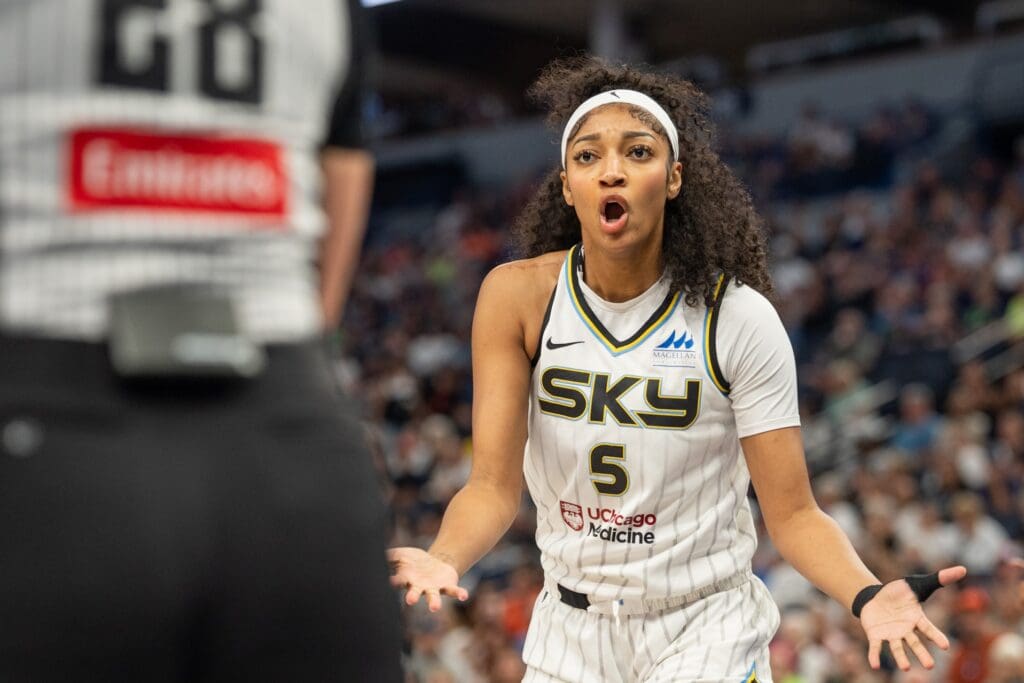 Jul 6, 2025; Minneapolis, Minnesota, USA; Chicago Sky forward Angel Reese (5) interacts with the referee after a call against her in the first quarter against the Minnesota Lynx at Target Center. Mandatory Credit: Matt Blewett-Imagn Images