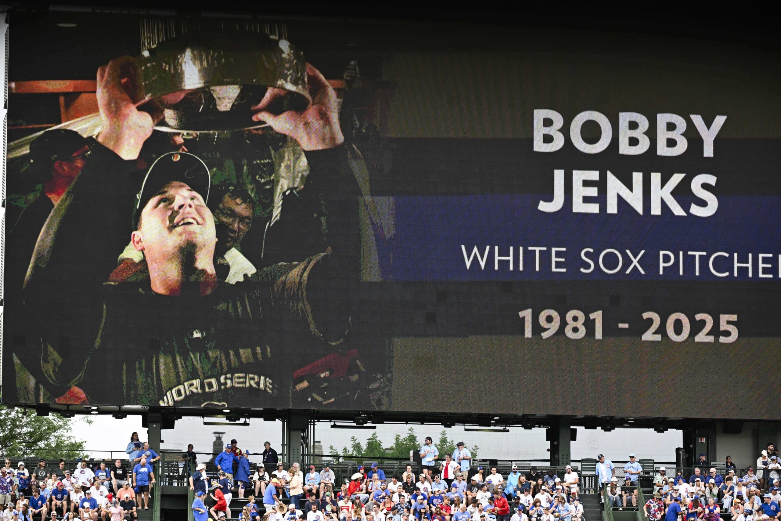 Jul 6, 2025; Chicago, Illinois, USA; Former Chicago White Sox pitcher Bobby Jenks is remembered before the game between the Chicago Cubs and the St. Louis Cardinals at Wrigley Field. Mandatory Credit: Matt Marton-Imagn Images