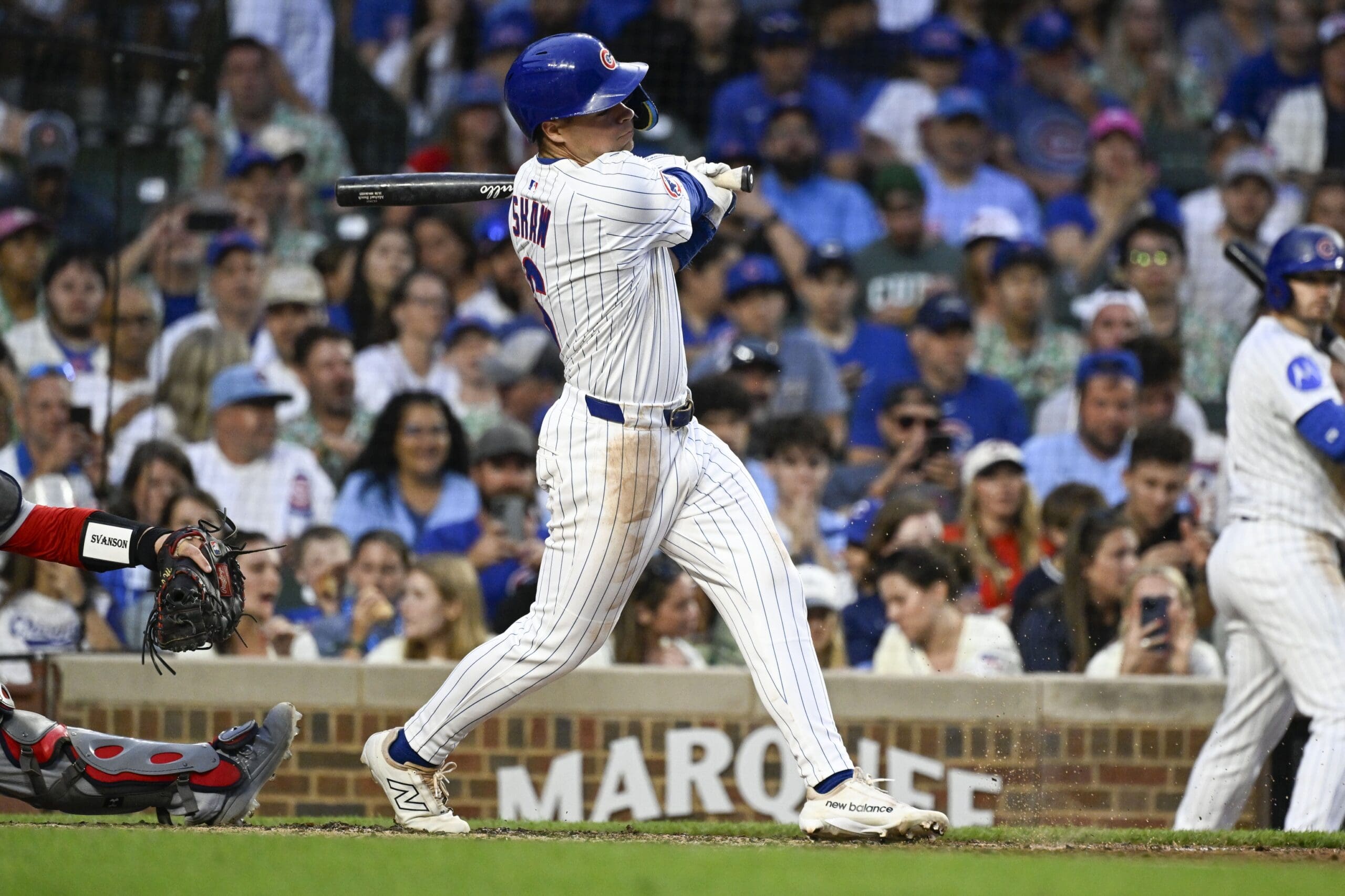 Jul 6, 2025; Chicago, Illinois, USA; Chicago Cubs third baseman Matt Shaw (6) reaches on a fielder’s choice against the St. Louis Cardinals during the third inning at Wrigley Field. Mandatory Credit: Matt Marton-Imagn Images