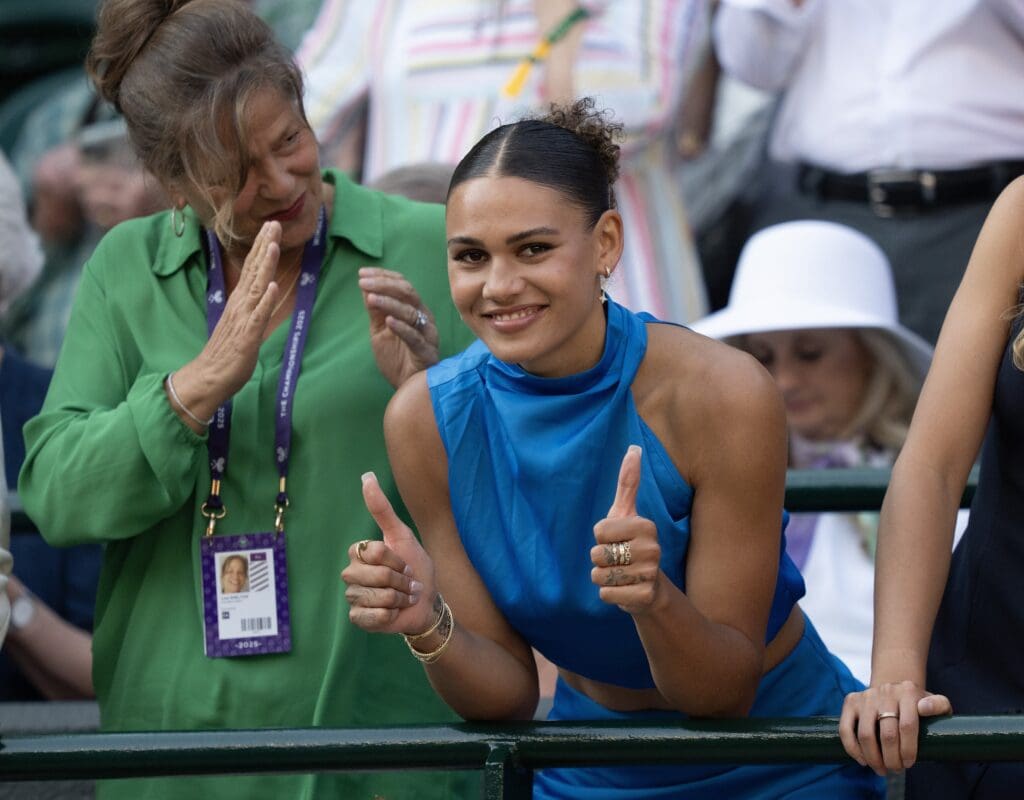 Jul 7, 2025; Wimbledon, United Kingdom; Trinity Rodman reacts to Ben Shelton of the United States winning his match against Lorenzo Sonego of Italy on day eight at All England Lawn Tennis and Croquet Club. Mandatory Credit: Susan Mullane-Imagn Images