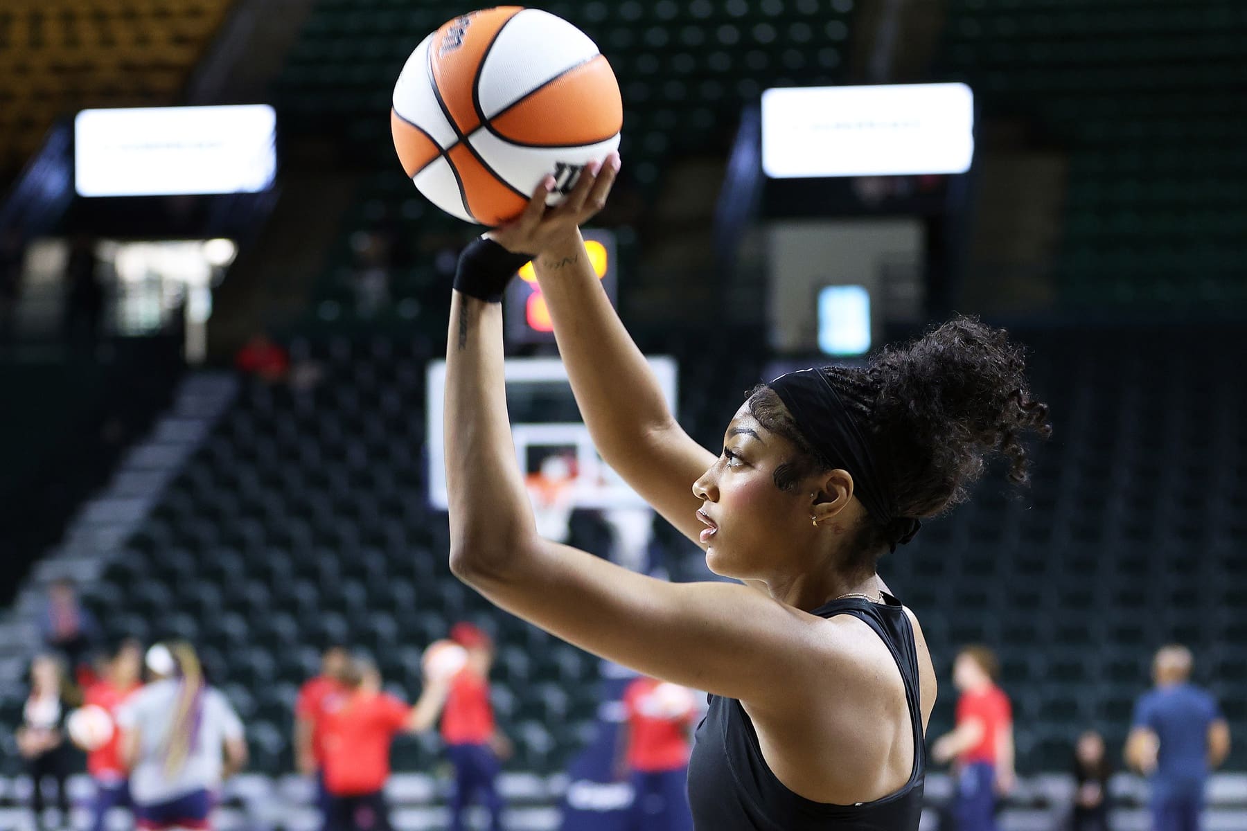 Jul 8, 2025; Fairfax, Virginia, USA; Chicago Sky forward Angel Reese (5) takes a shot before a game against the Washington Mystics at EagleBank Arena. Mandatory Credit: Daniel Kucin Jr.-Imagn Images