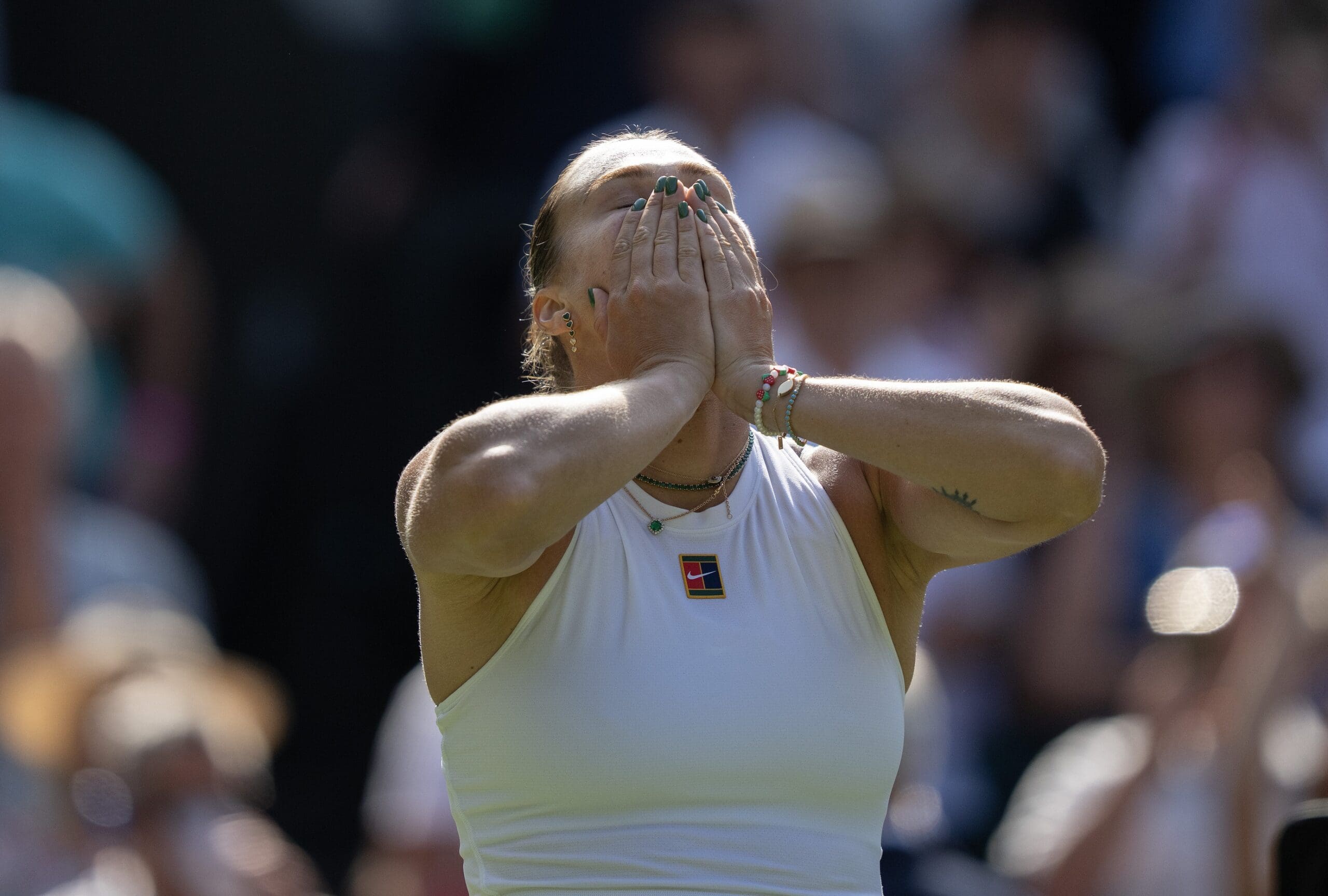 Jul 8, 2025; Wimbledon, United Kingdom; Aryna Sabalenka celebrates winning her match against Laura Siegemund of Germany on day nine at All England Lawn Tennis and Croquet Club. Mandatory Credit: Susan Mullane-Imagn Images