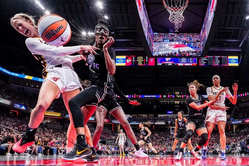 Golden State Valkyries guard Tiffany Hayes (15) guards Indiana Fever guard Sophie Cunningham (8) on Wednesday, July 9, 2025, during a game between the Indiana Fever and the Golden State Valkyries at Gainbridge Fieldhouse in Indianapolis. The Golden State Valkyries defeated the Indiana Fever, 80-61.