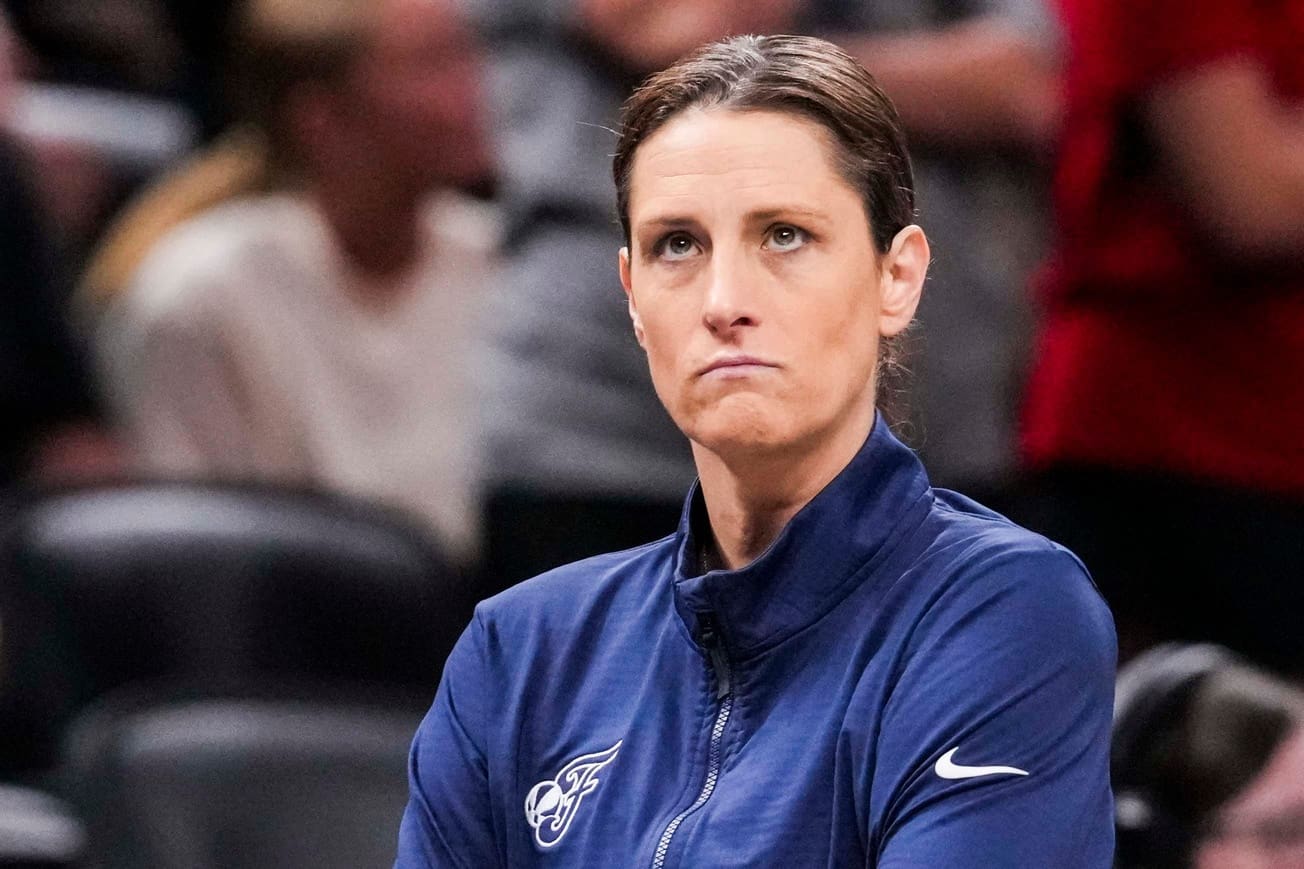 Indiana Fever head coach Stephanie White looks up Wednesday, July 9, 2025, during a game between the Indiana Fever and the Golden State Valkyries at Gainbridge Fieldhouse in Indianapolis. The Golden State Valkyries defeated the Indiana Fever, 80-61.