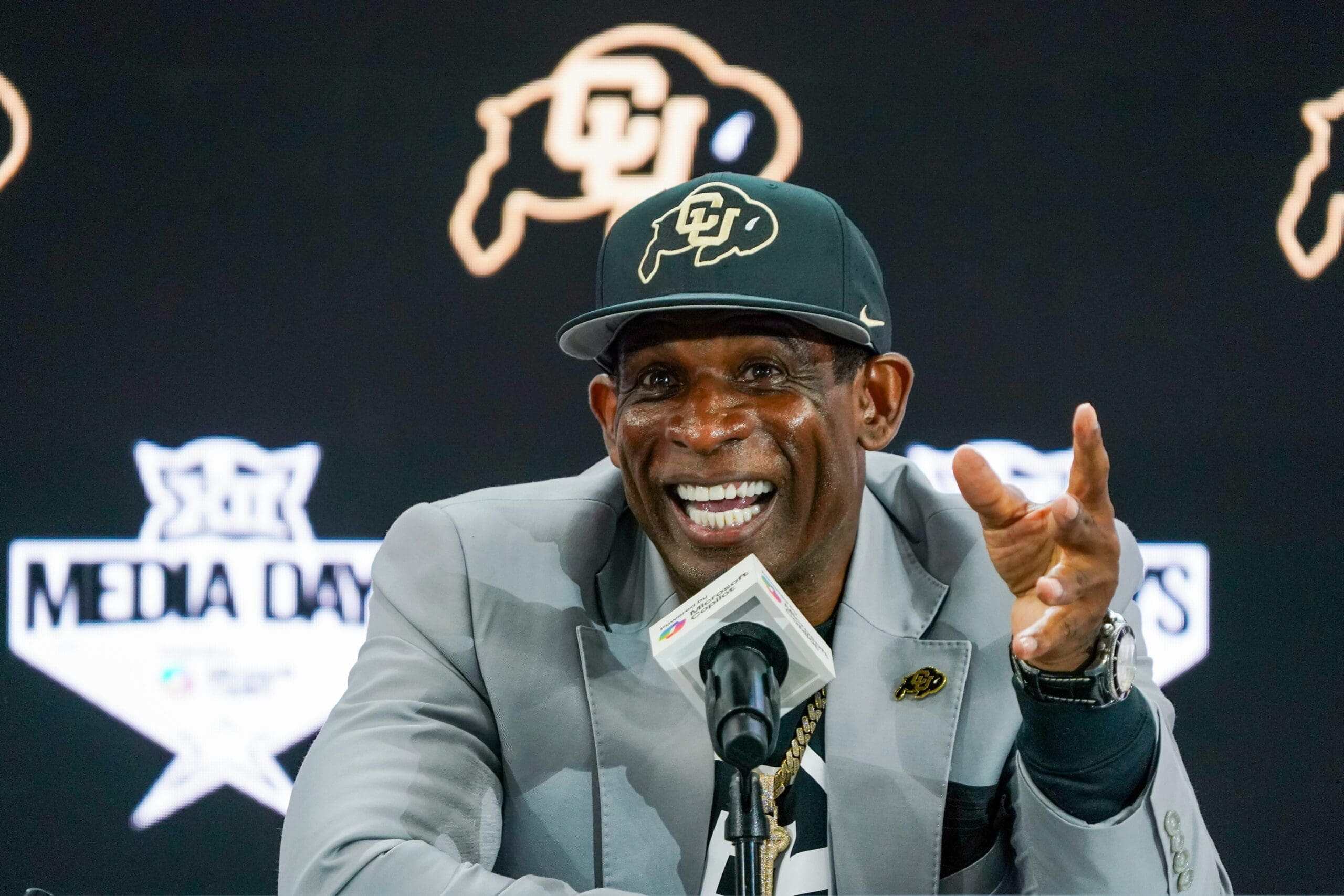 Jul 9, 2025; Frisco, TX, USA; Colorado head coach Deion Sanders speaks with the media during 2025 Big 12 Football Media Days at The Star. Mandatory Credit: Raymond Carlin III-Imagn Images