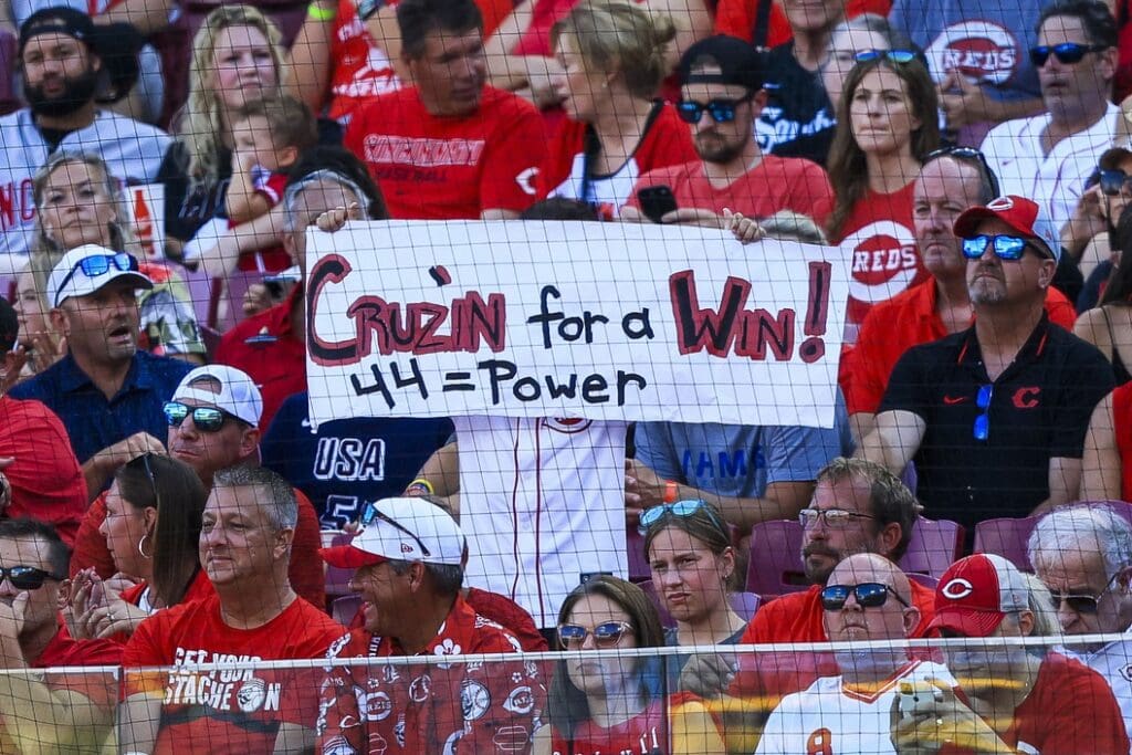 Jul 10, 2025; Cincinnati, Ohio, USA; A fan holds a sign during the sixth inning in the game between the Miami Marlins and the Cincinnati Reds at Great American Ball Park. Mandatory Credit: Katie Stratman-Imagn Images