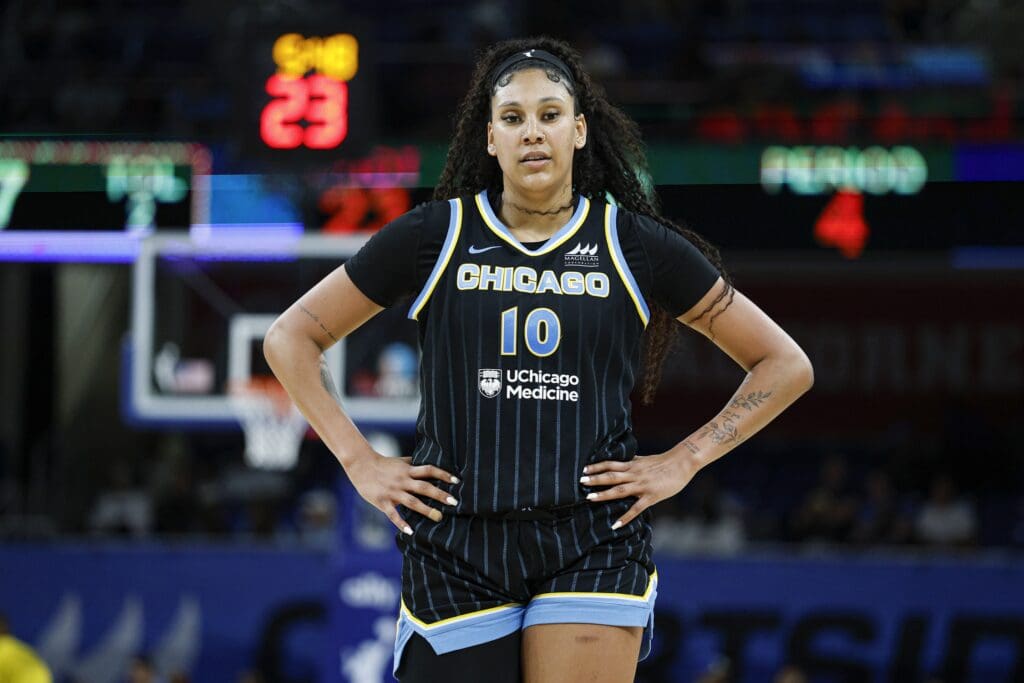 Jul 12, 2025; Chicago, Illinois, USA; Chicago Sky center Kamilla Cardoso (10) walks on the court during the second half of a WNBA game against the Minnesota Lynx at Wintrust Arena. Mandatory Credit: Kamil Krzaczynski-Imagn Images