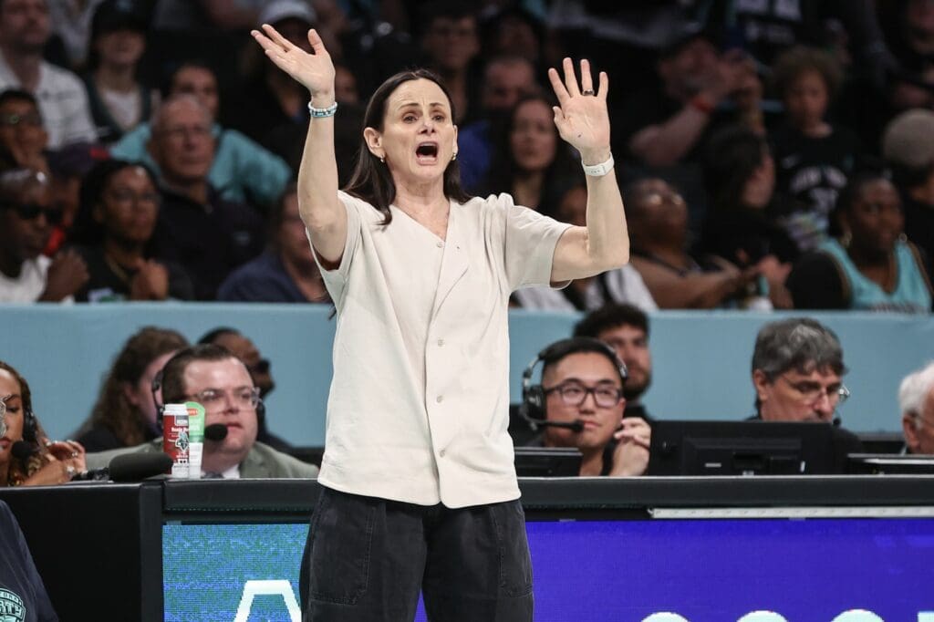 Jul 13, 2025; Brooklyn, New York, USA; New York Liberty head coach Sandy Brondello yells out instructions in the fourth quarter against the Atlanta Dream at Barclays Center. Mandatory Credit: Wendell Cruz-Imagn Images