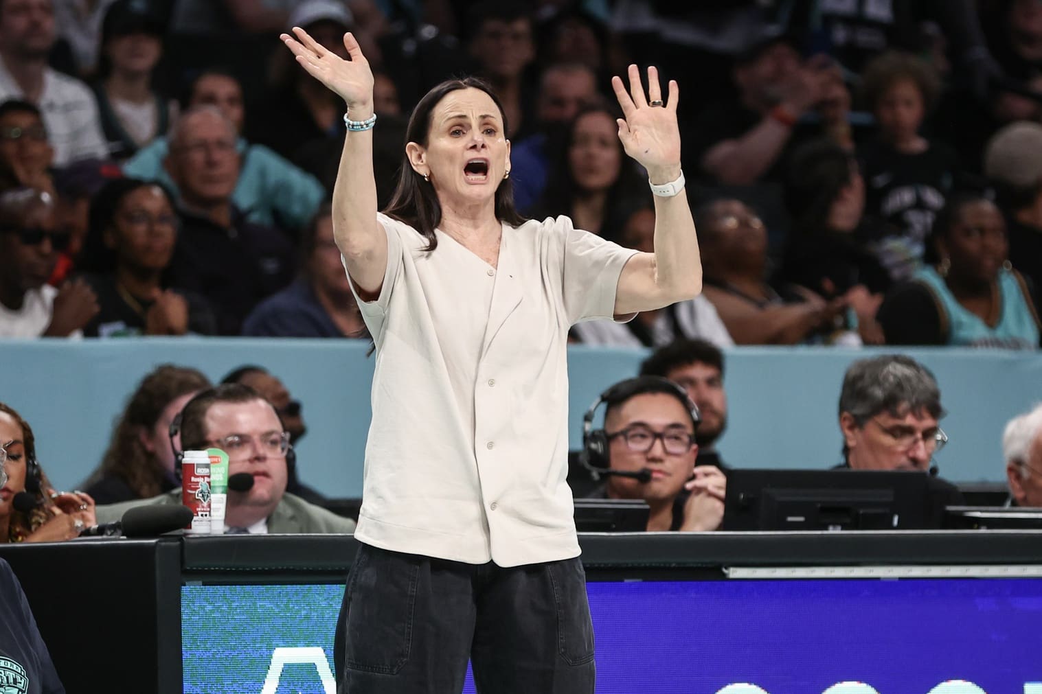 Jul 13, 2025; Brooklyn, New York, USA; New York Liberty head coach Sandy Brondello yells out instructions in the fourth quarter against the Atlanta Dream at Barclays Center. Mandatory Credit: Wendell Cruz-Imagn Images