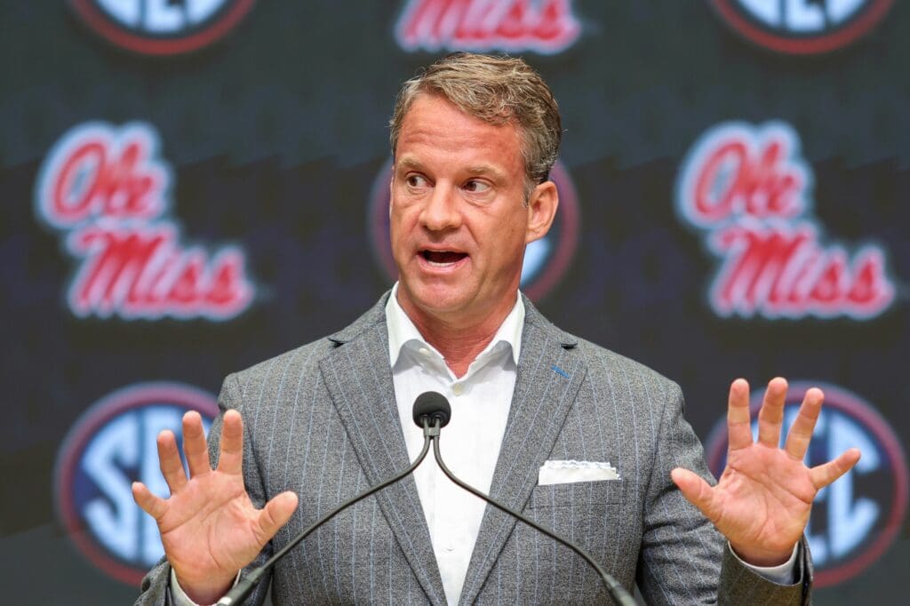 Jul 14, 2025; Atlanta, GA, USA; Ole Miss Rebels head coach Lane Kiffin speaks to the media during SEC Media Day at Omni Atlanta Hotel. Mandatory Credit: Jordan Godfree-Imagn Images