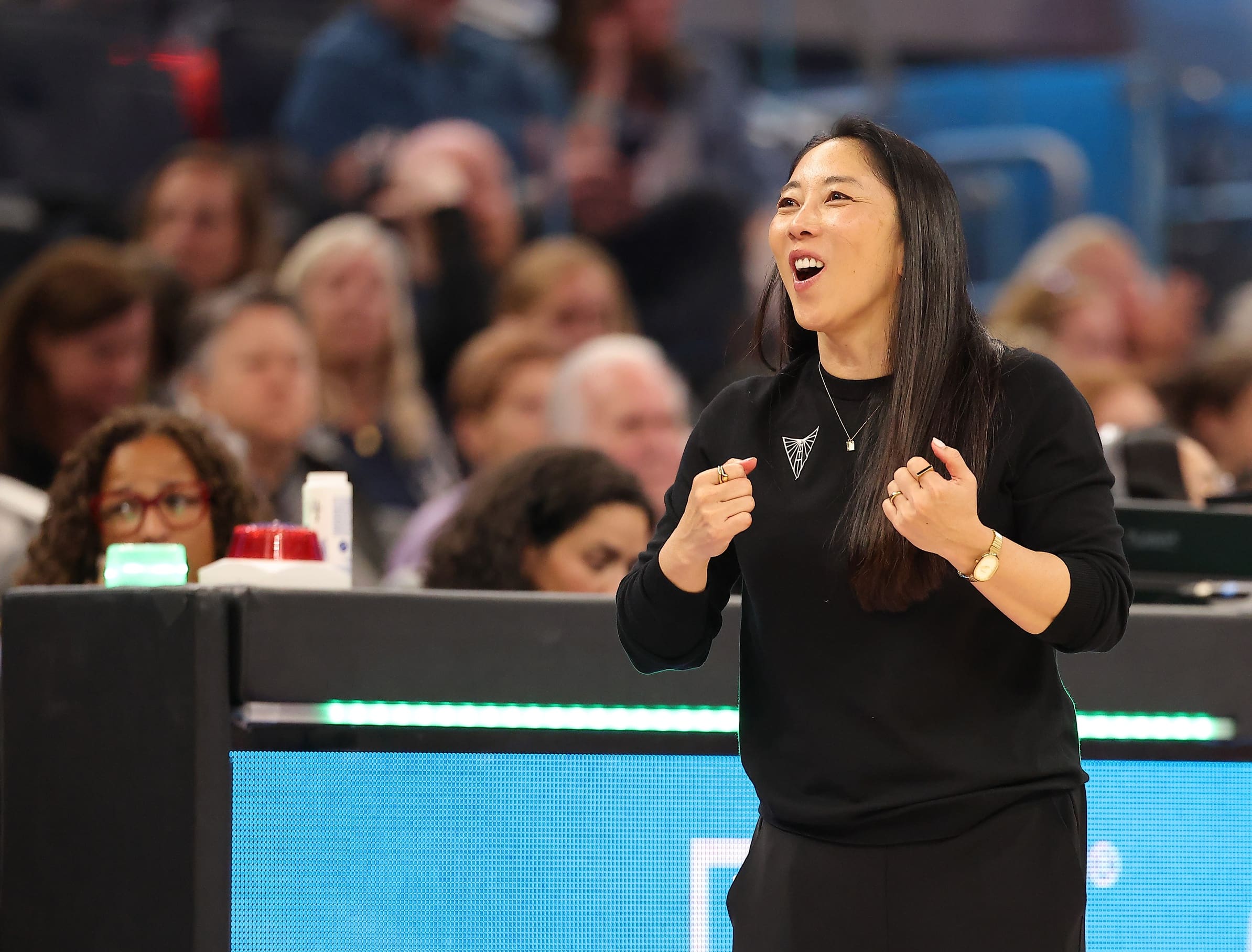 Jul 14, 2025; San Francisco, California, USA; Golden State Valkyries head coach Natalie Nakase calls out to the referee during the third quarter against the Phoenix Mercury at Chase Center. Mandatory Credit: Kelley L Cox-Imagn Images