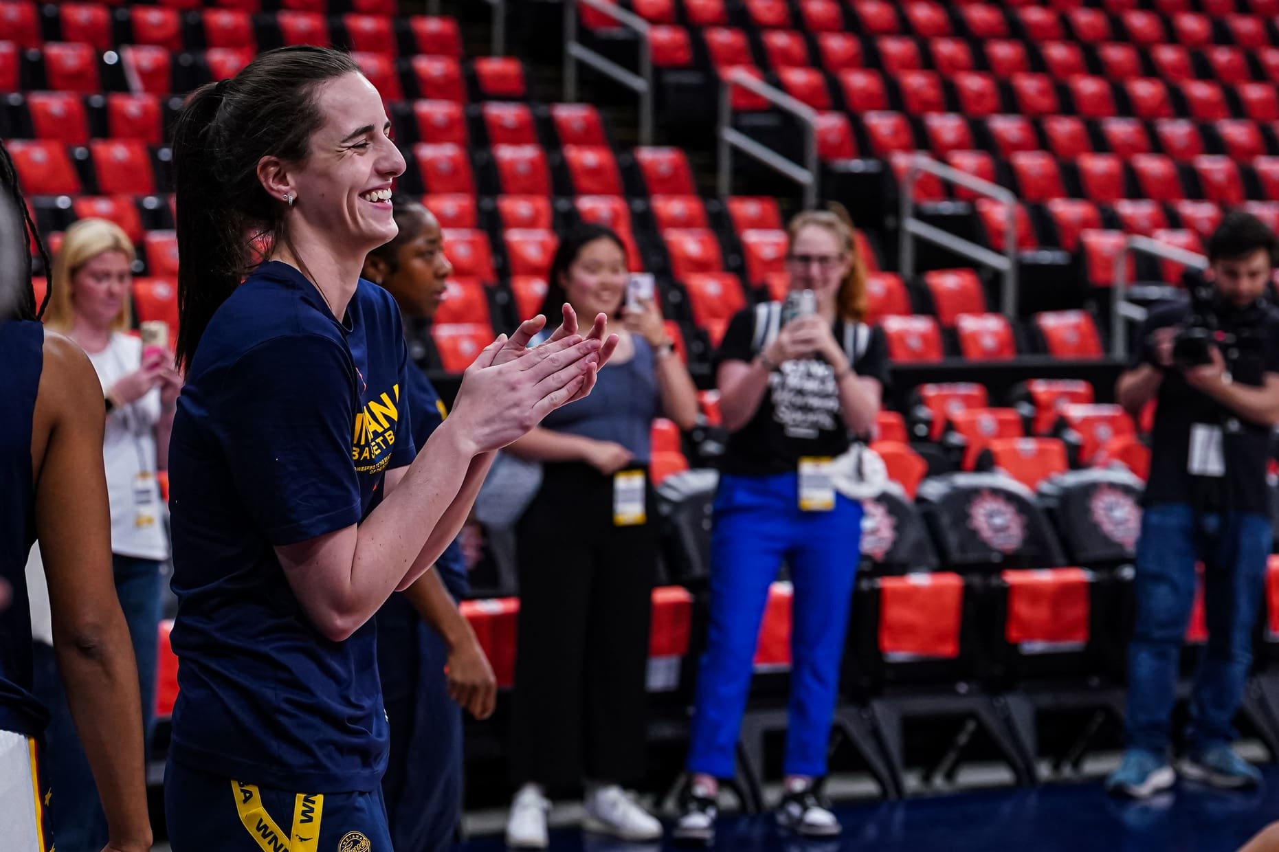 Jul 15, 2025; Boston, Massachusetts, USA; Indiana Fever guard Caitlin Clark (22) warms up before the start of the game against the Connecticut Sun at TD Garden. Mandatory Credit: David Butler II-Imagn Images
