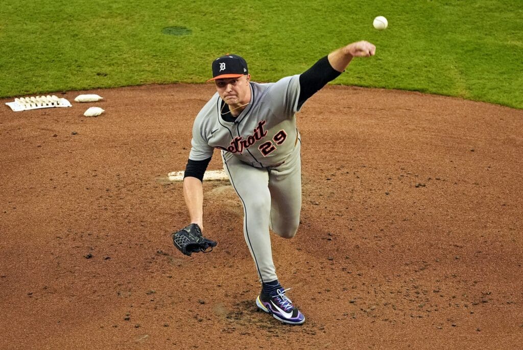 Jul 15, 2025; Cumberland, Georgia, USA; American League pitcher Tarik Skubal (29) of the Detroit Tigers pitches during the first inning during the 2025 MLB All Star Game at Truist Park. Mandatory Credit: Dale Zanine-Imagn Images