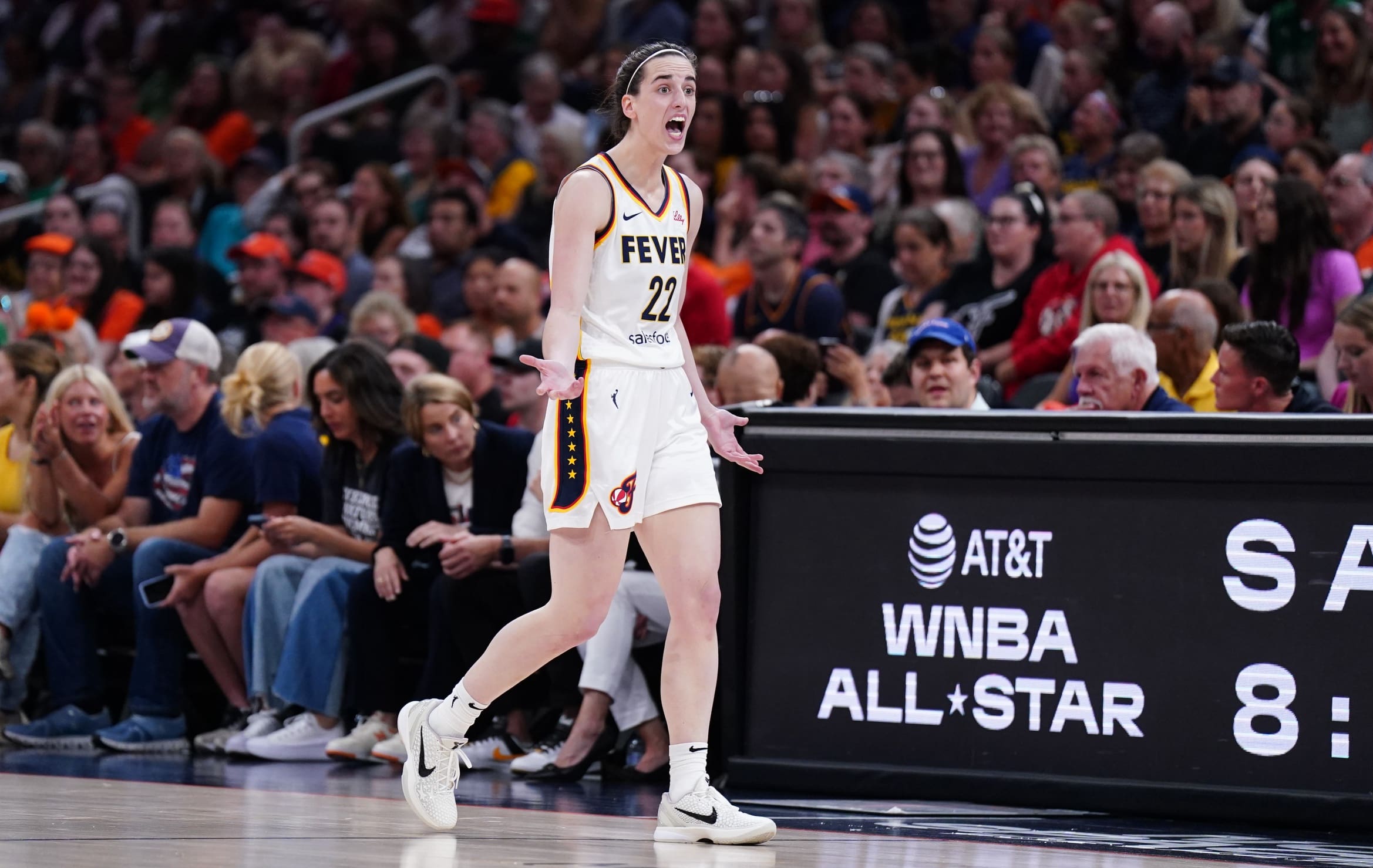 Jul 15, 2025; Boston, Massachusetts, USA; Indiana Fever guard Caitlin Clark (22) reacts after a play against the Connecticut Sun in the second quarter at TD Garden. Mandatory Credit: David Butler II-Imagn Images