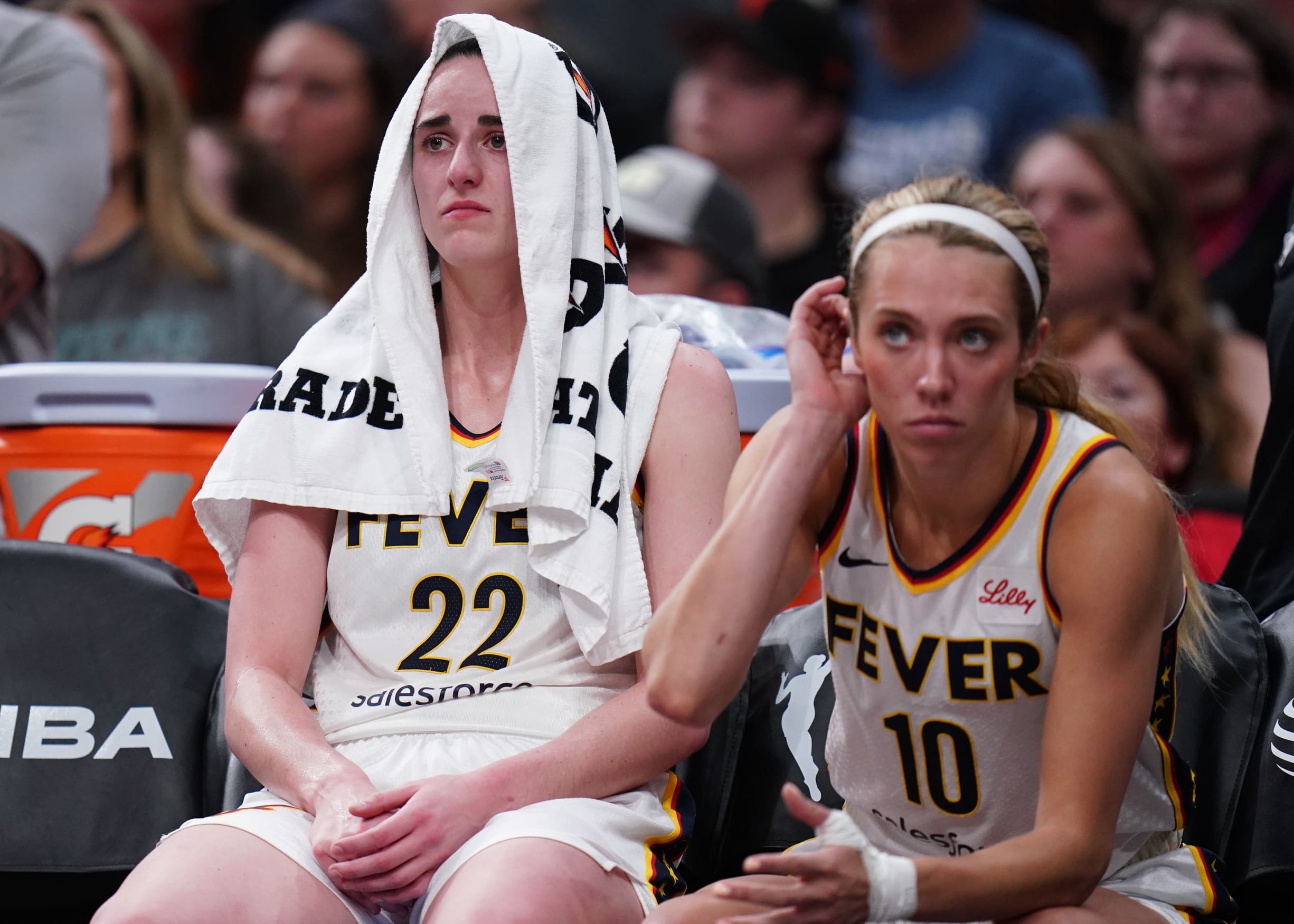 Jul 15, 2025; Boston, Massachusetts, USA; Indiana Fever guard Caitlin Clark (22) reacts on the bench after a play against the Connecticut Sun in the second half at TD Garden. Mandatory Credit: David Butler II-Imagn Images
