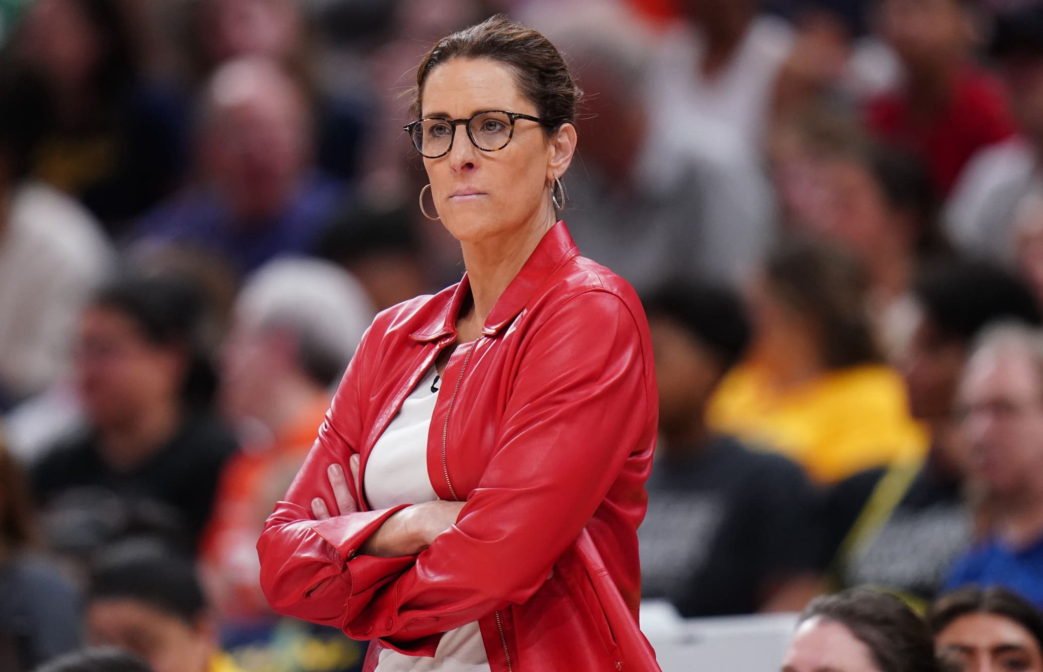 Jul 15, 2025; Boston, Massachusetts, USA; Indiana Fever head coach Stephanie White watches from the sideline as they take on the Connecticut Sun at TD Garden. Mandatory Credit: David Butler II-Imagn Images