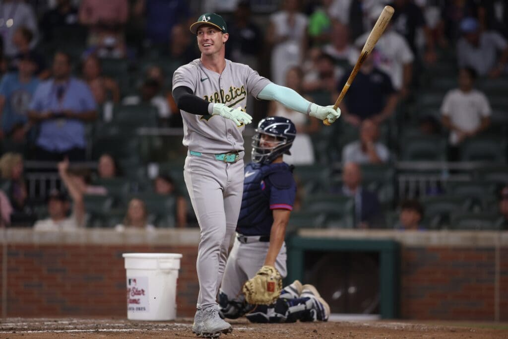 Jul 15, 2025; Cumberland, Georgia, USA; National League designated hitter Brent Rooker (25) of the Athletics reacts in the home run swing off tiebreaker during the 2025 MLB All Star Game at Truist Park. Mandatory Credit: Brett Davis-Imagn Images