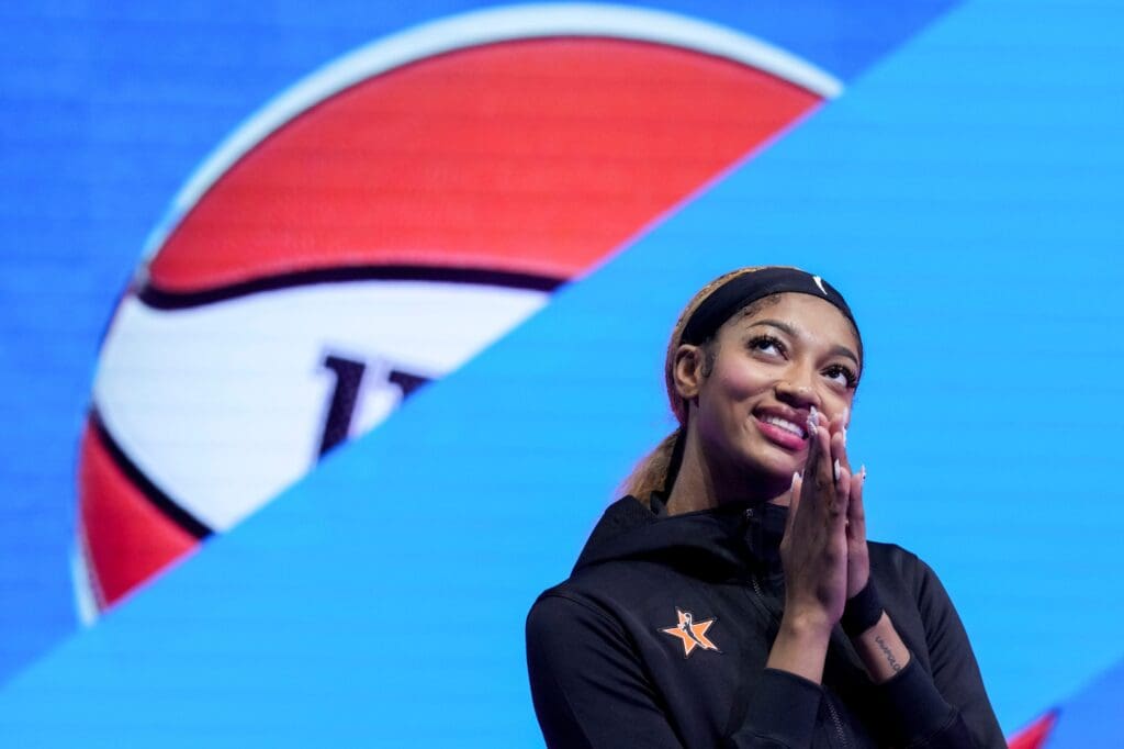 Chicago Sky's Angel Reese (5) is introduced Saturday, July 19, 2025, ahead of the WNBA All-Star Game at Gainbridge Fieldhouse in Indianapolis.
