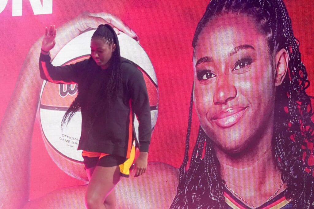 Indiana Fever's Aliyah Boston (7) is introduced Saturday, July 19, 2025, ahead of the WNBA All-Star Game at Gainbridge Fieldhouse in Indianapolis.