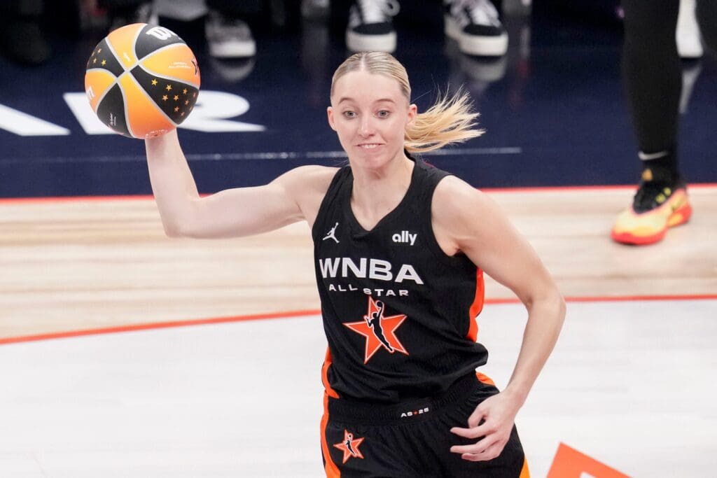 Dallas Wings' Paige Bueckers (5) looks to pass the ball Saturday, July 19, 2025, during the WNBA All-Star Game at Gainbridge Fieldhouse in Indianapolis.