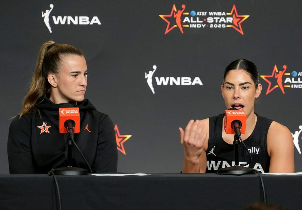 Sabrina Ionescu (left) and Kelsey Plum answers questions Saturday, July 19, 2025, at a press conference after the WNBA All-Star Game at Gainbridge Fieldhouse in Indianapolis.