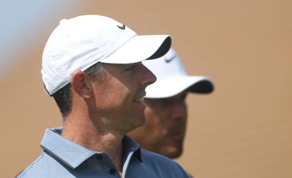Jul 20, 2025; Portrush, IRL; Rory McIlroy on the first hole during the final round of The 153rd Open Championship golf tournament at Royal Portrush. Mandatory Credit: Mike Frey-Imagn Images