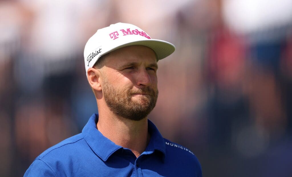 Jul 20, 2025; Portrush, IRL; Wyndham Clark on the first hole during the final round of The 153rd Open Championship golf tournament at Royal Portrush. Mandatory Credit: Mike Frey-Imagn Images