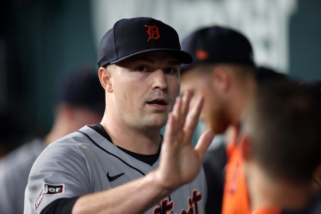 Jul 20, 2025; Arlington, Texas, USA; Detroit Tigers pitcher Tarik Skubal (29) is congratulated by his teammates in the dugout during the seventh inning against the Texas Rangers at Globe Life Field. Mandatory Credit: Tim Heitman-Imagn Images