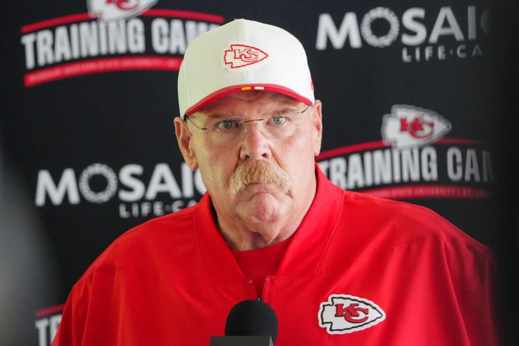 Jul 22, 2025; St. Joseph, MO, USA; Kansas City Chiefs head coach Andy Reid speaks to media after training camp at Missouri Western State University. Mandatory Credit: Denny Medley-Imagn Images