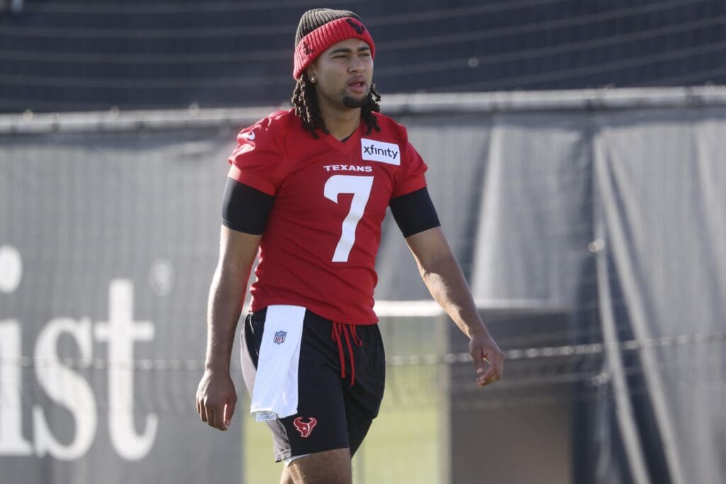 Jul 23, 2025; Houston, TX, USA; Houston Texans quarterback C.J. Stroud (7) during training camp at Houston Methodist Training Center. Mandatory Credit: Troy Taormina-Imagn Images