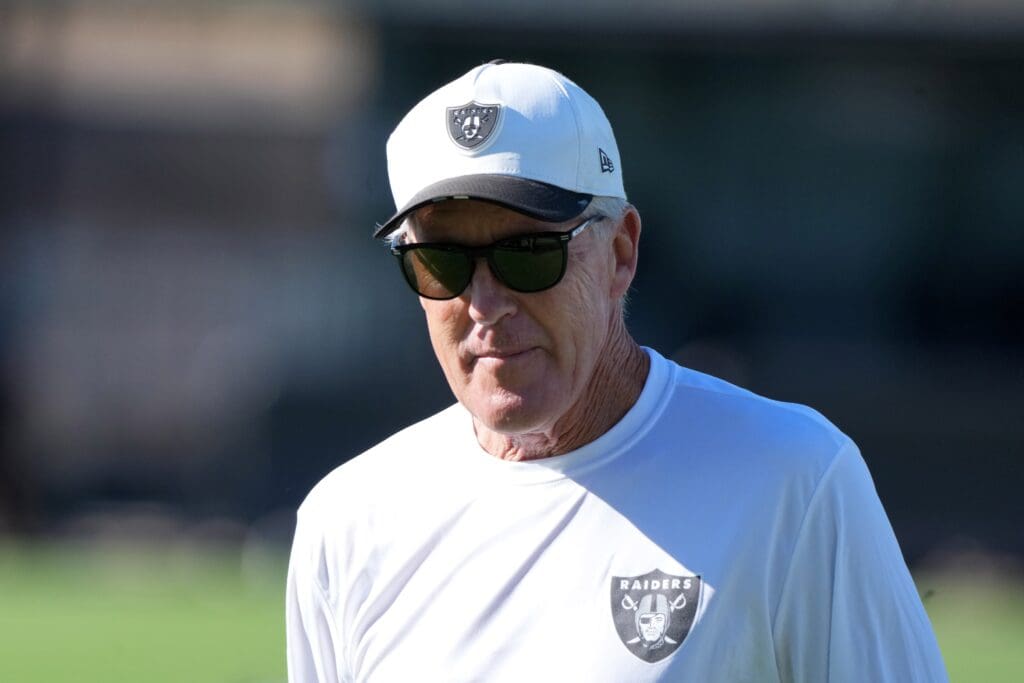 Jul 24, 2025; Henderson, NV, USA; Las Vegas Raiders coach Pete Carroll during training camp at the Intermountain Healthcare Performance Center.