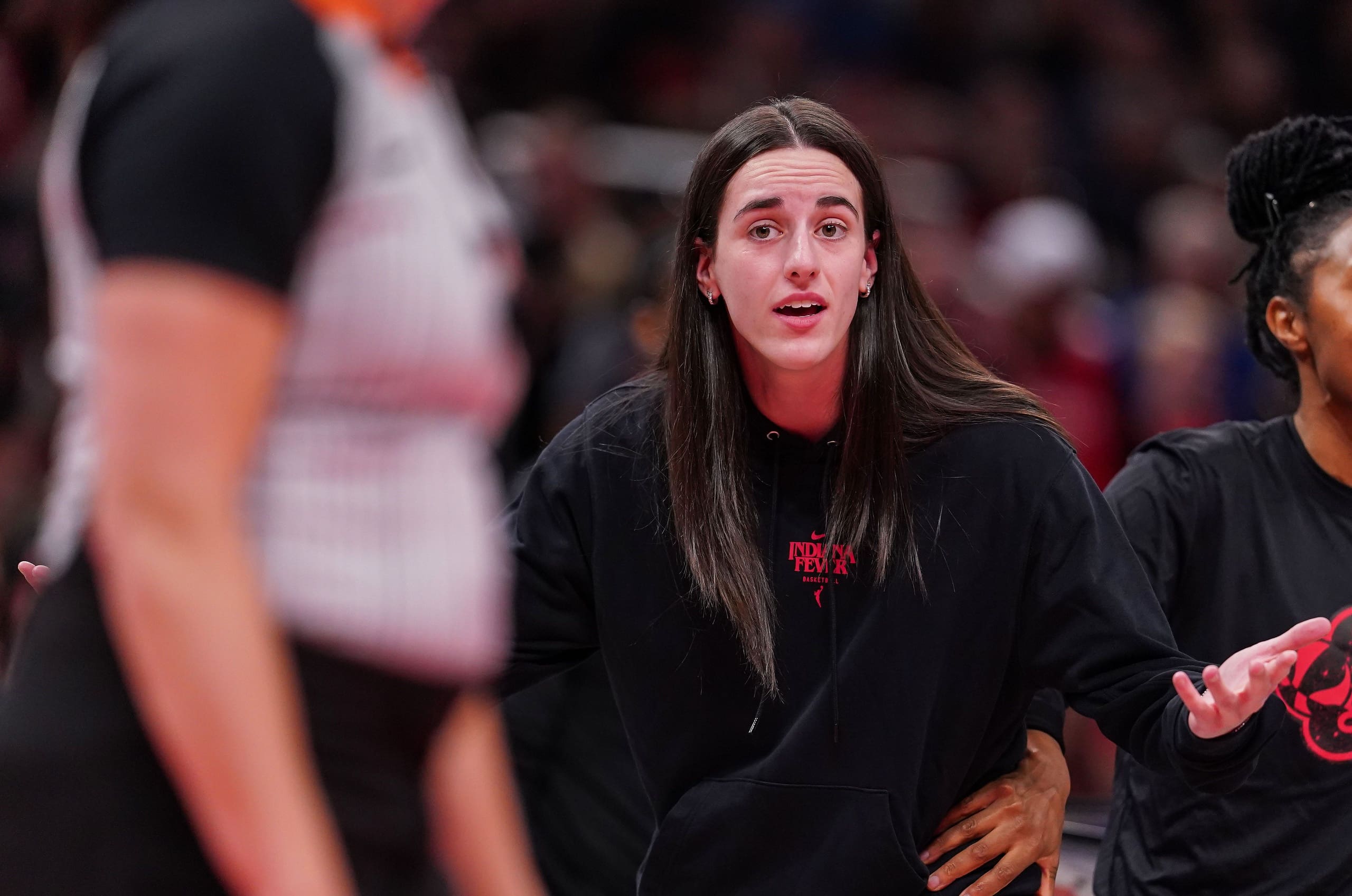 Indiana Fever guard Caitlin Clark (22) looks a the referee on Thursday, July 24, 2025, during the game at Gainbridge Fieldhouse in Indianapolis.