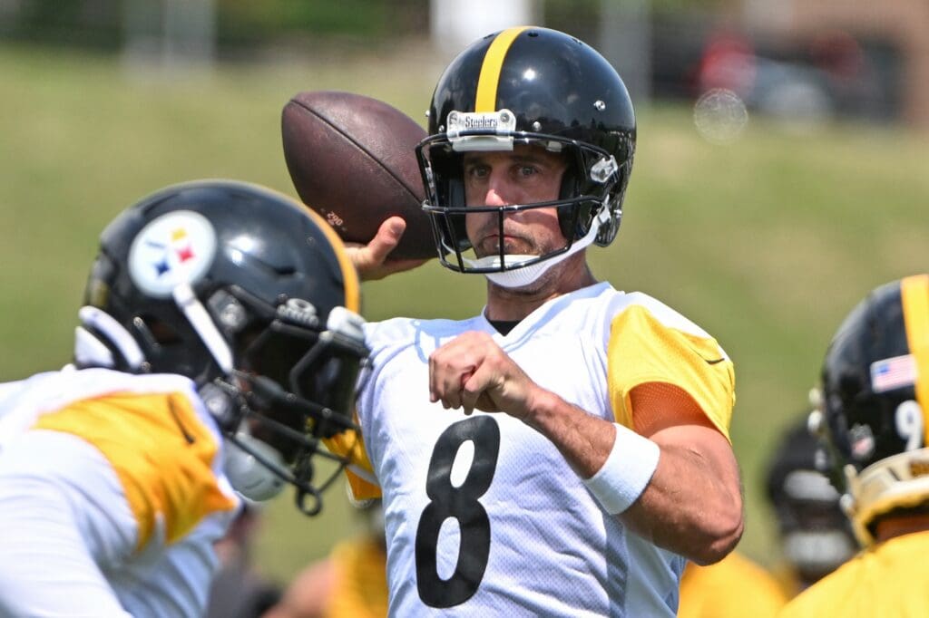 Jul 25, 2025; Pittsburgh, PA, USA; Pittsburgh Steelers quarterback Aaron Rodgers (8) participates in drills during training camp at Saint Vincent College.