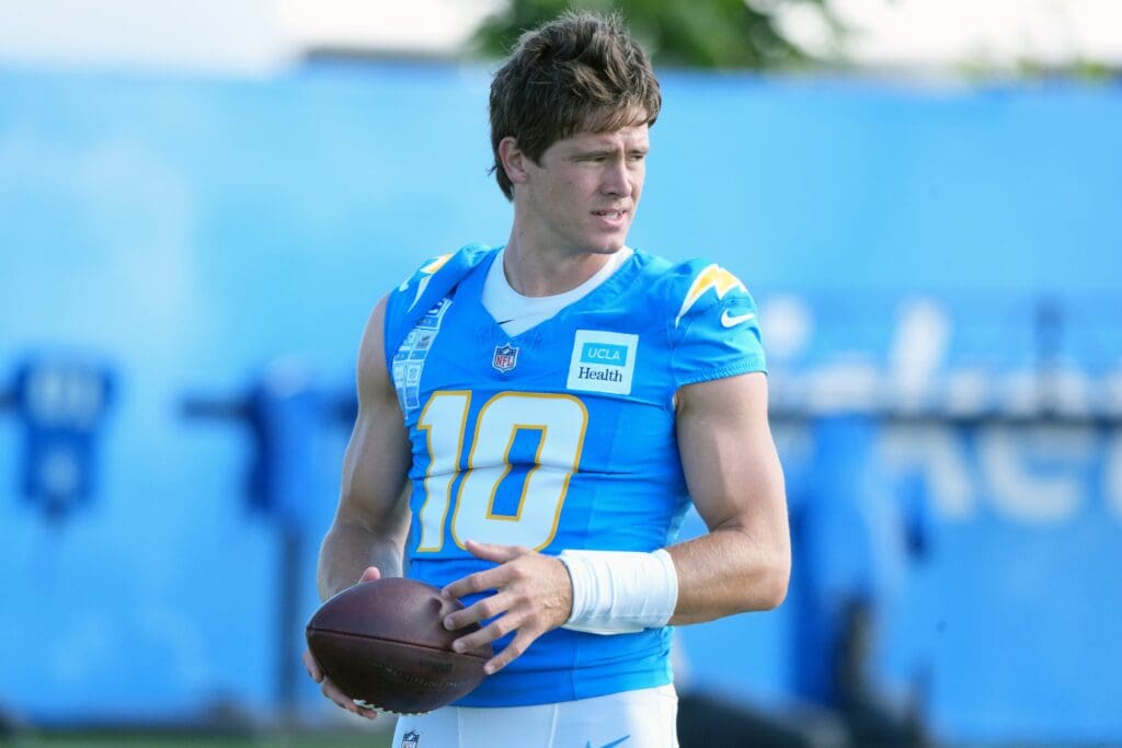 Jul 25, 2025; El Segundo, CA, USA; Los Angeles Chargers quarterback Justin Herbert (10) during training camp at The Bolt. Mandatory Credit: Kirby Lee-Imagn Images