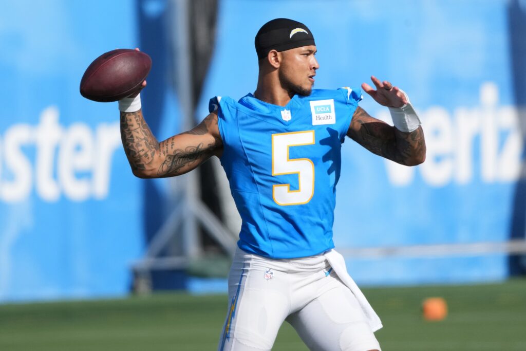Jul 25, 2025; El Segundo, CA, USA; Los Angeles Chargers quarterback Trey Lance (5) throws the ball during training camp at The Bolt. Mandatory Credit: Kirby Lee-Imagn Images