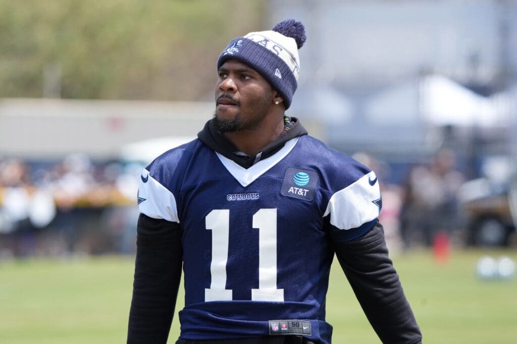 Jul 26, 2025; Oxnard, CA, USA; Dallas Cowboys defensive end Micah Parsons (11) at training camp at the River Ridge Fields.